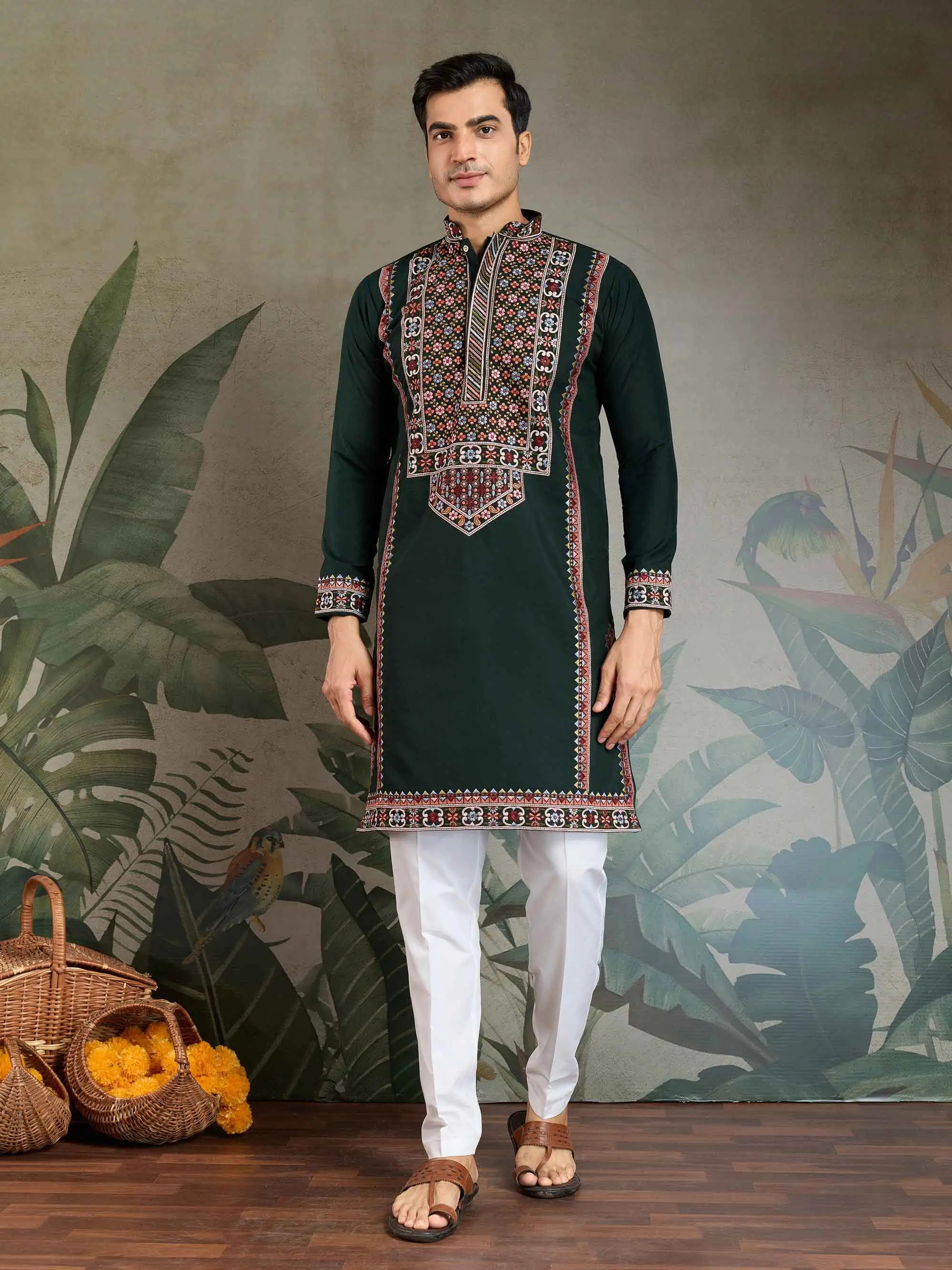 Dark Green Festive Wear Kurta Set With Multi Thread Sequins Embroidery Work - qivii