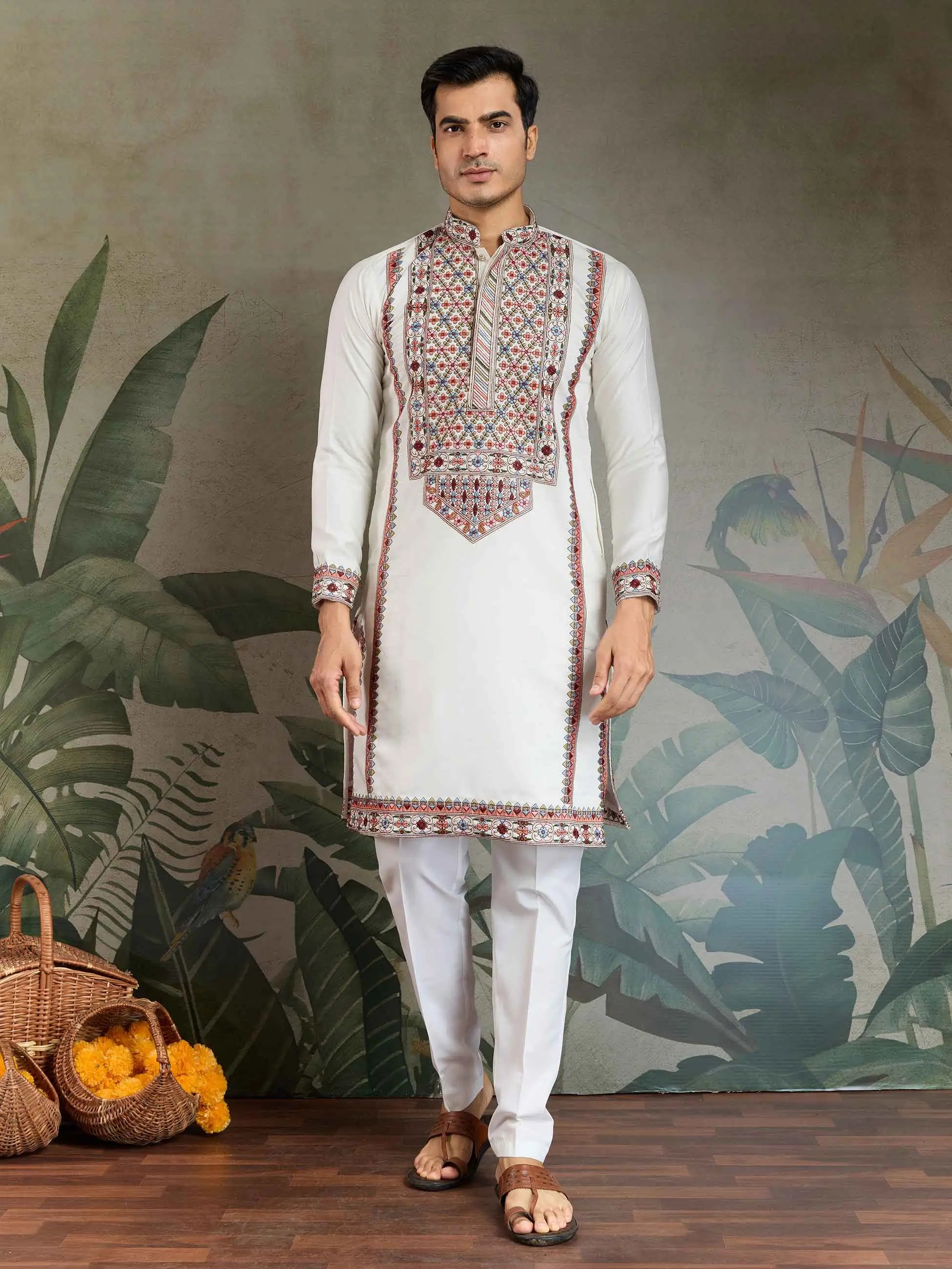 White Festive Wear Kurta Set With Multi Thread Sequins Embroidery Work - qivii