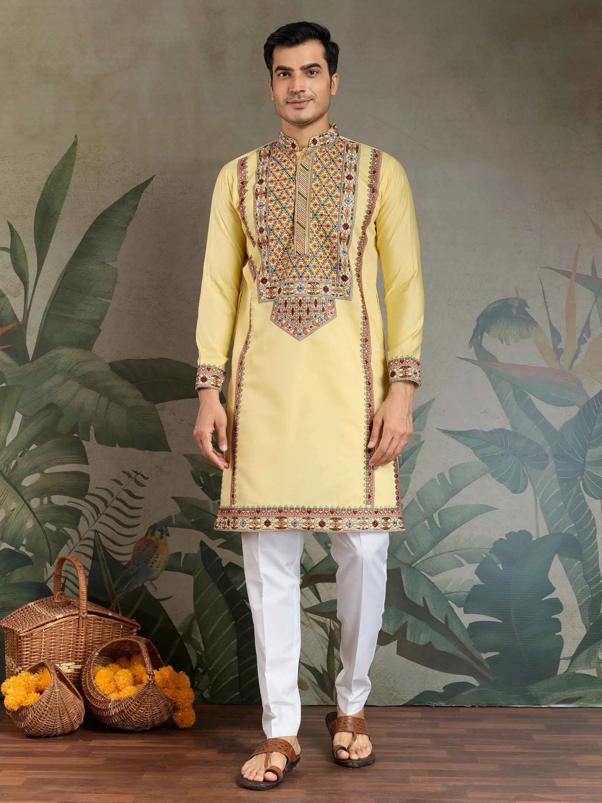 Yellow Festive Wear Kurta Set With Multi Thread Sequins Embroidery Work - qivii