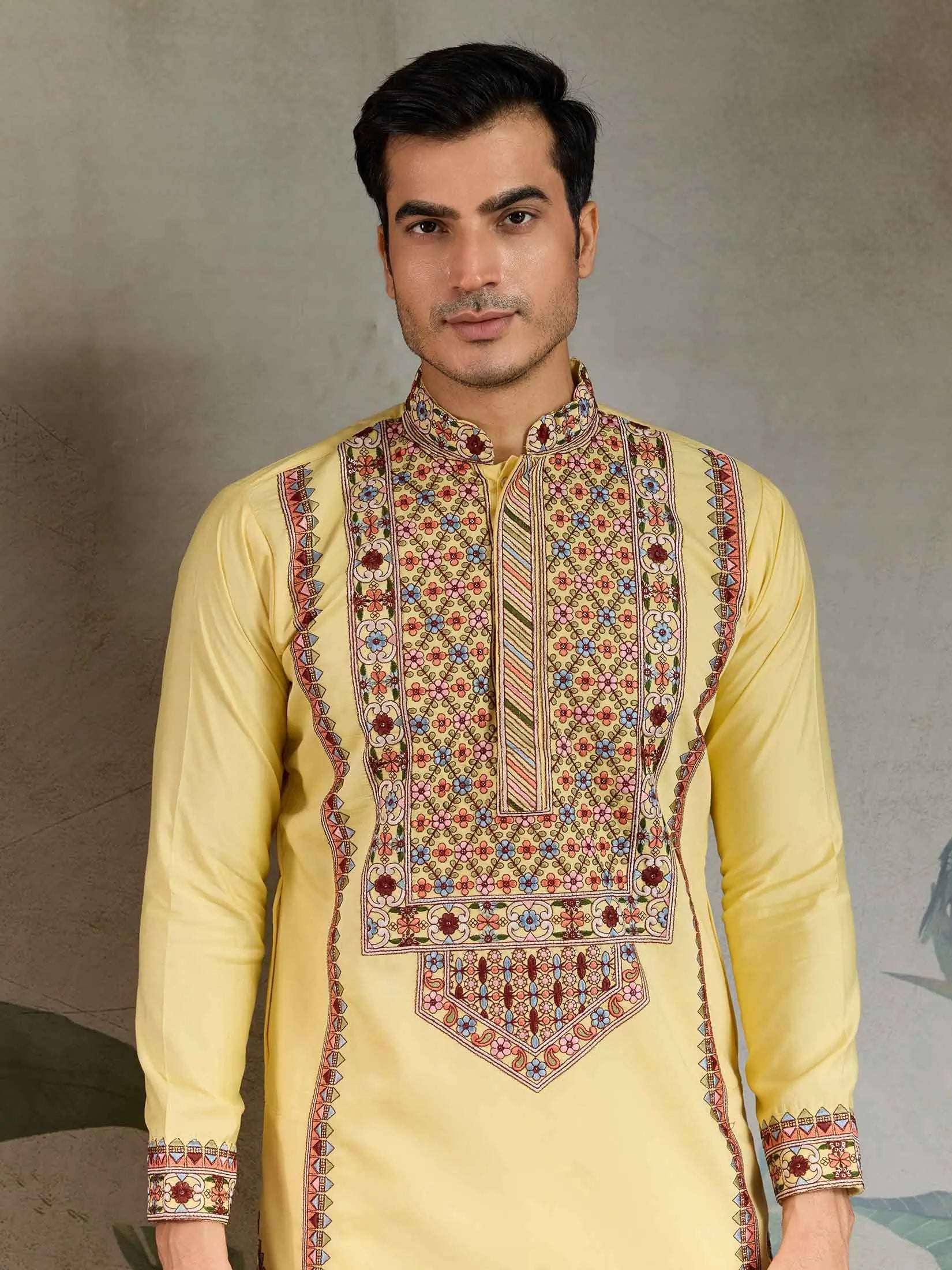 Yellow Festive Wear Kurta Set With Multi Thread Sequins Embroidery Work - qivii