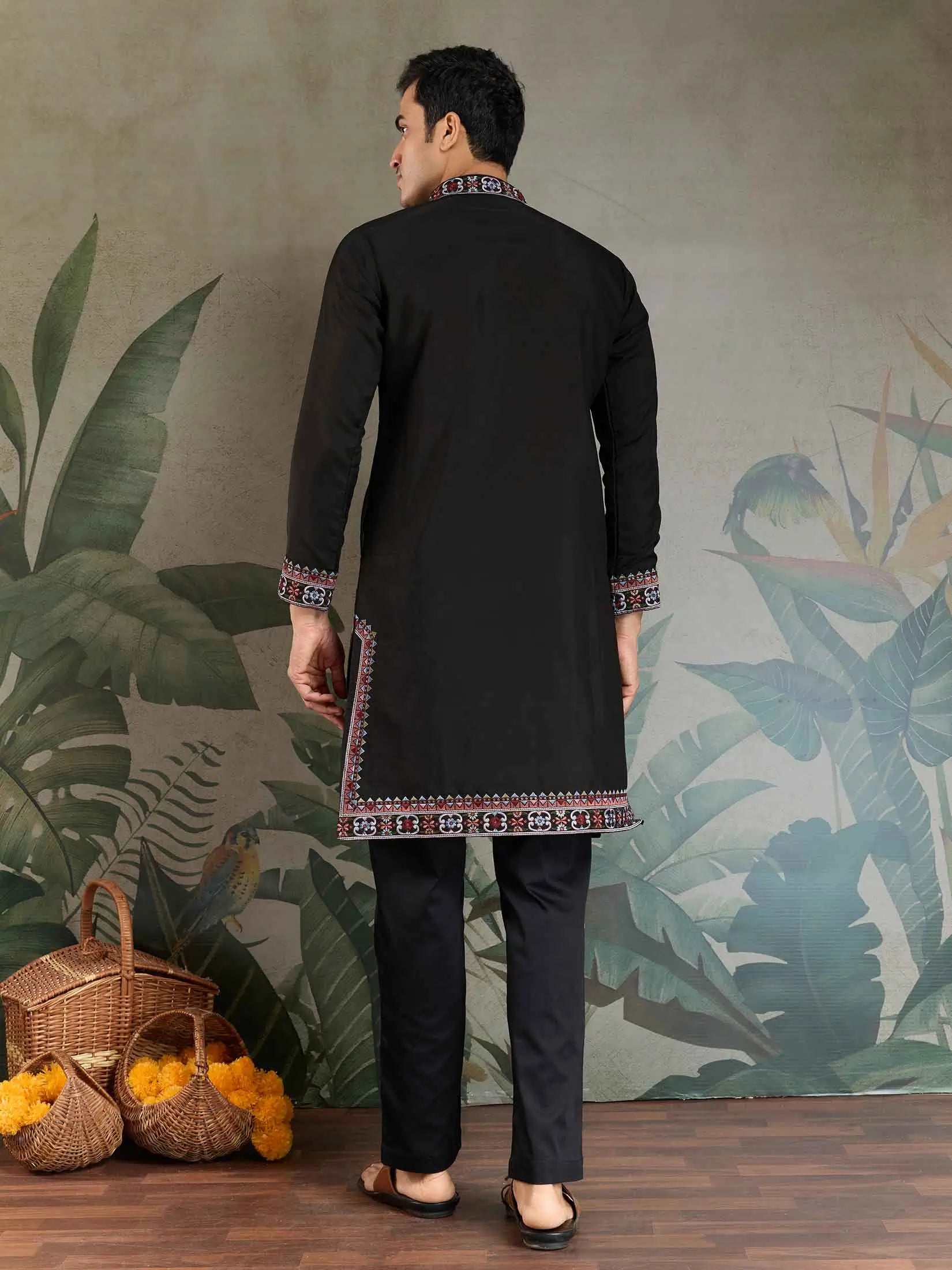 Black Festive Wear Kurta Set With Multi Thread Sequins Embroidery Work - qivii