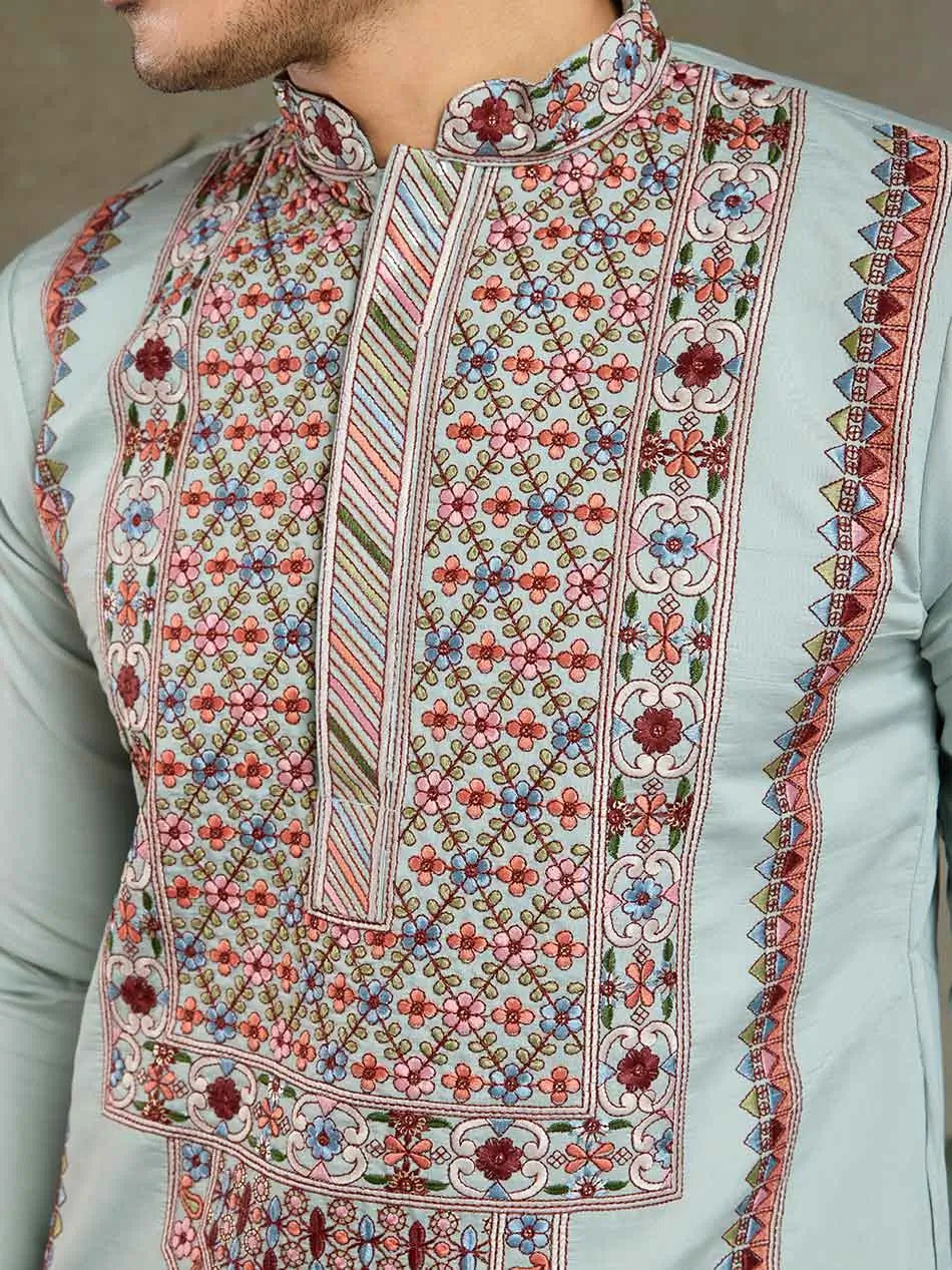 Sky Blue Festive Wear Kurta Set With Multi Thread Sequins Embroidery Work