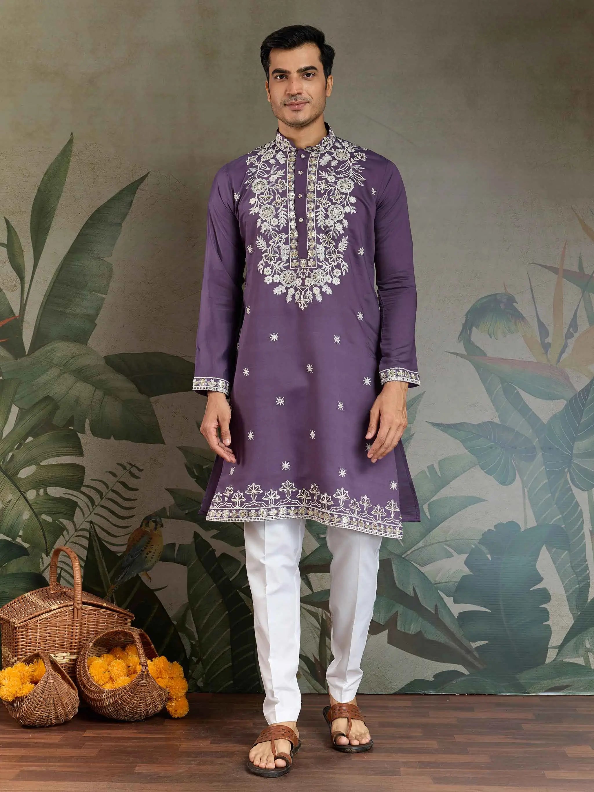 Pastel Purple Thread & Sequins Embroidery Work Rayon Kurta With Pant - qivii