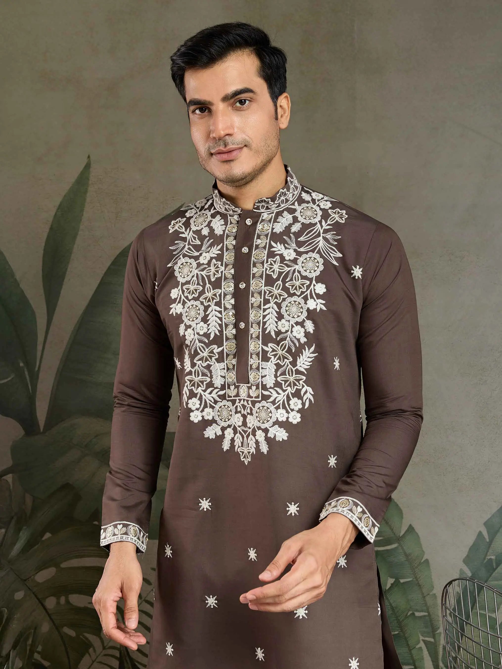 Chocolate Grey Thread & Sequins Embroidery Work Rayon Kurta With Pant - qivii