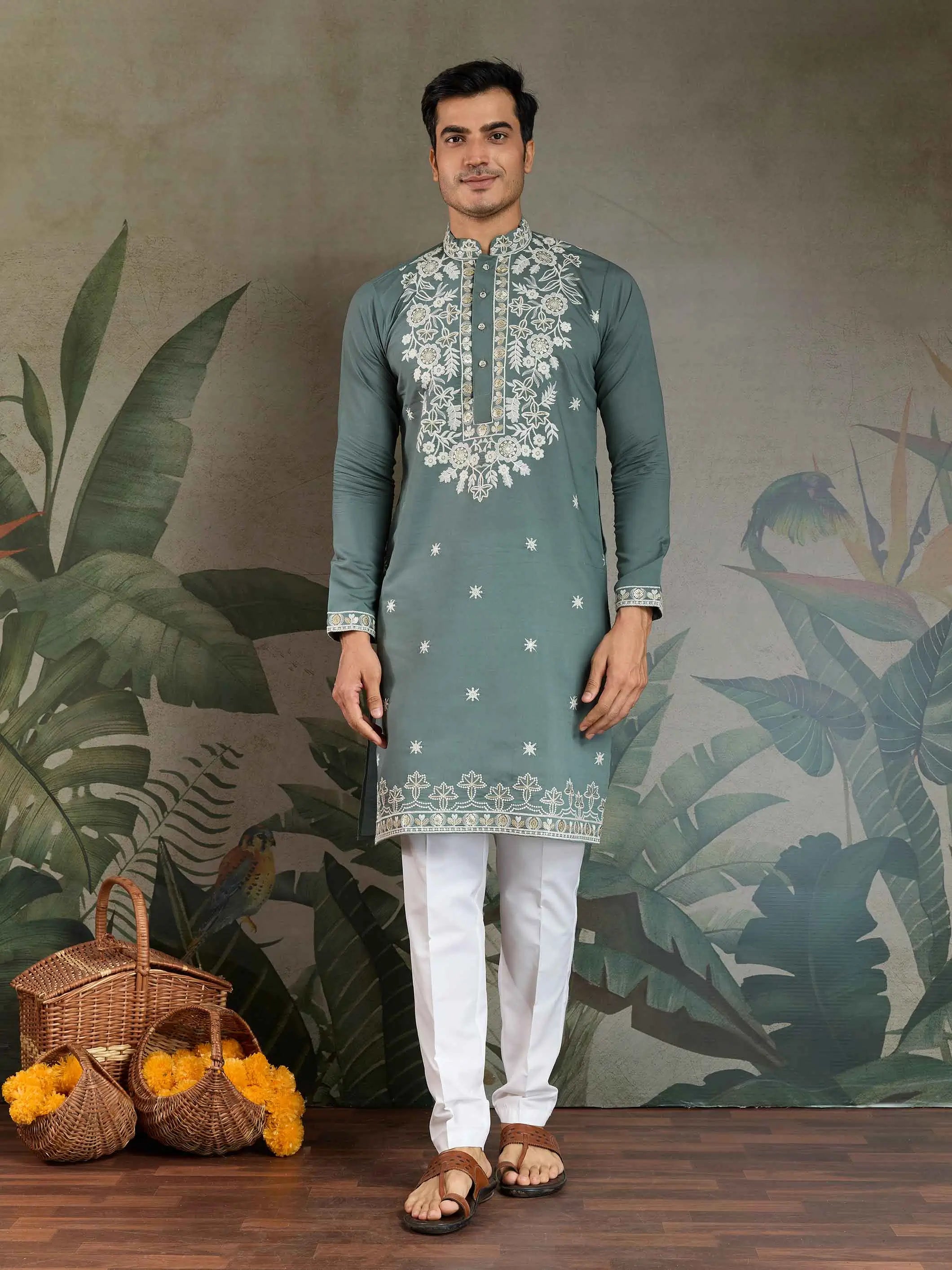 Pastel Pista Thread & Sequins Embroidery Work Rayon Kurta With Pant - qivii