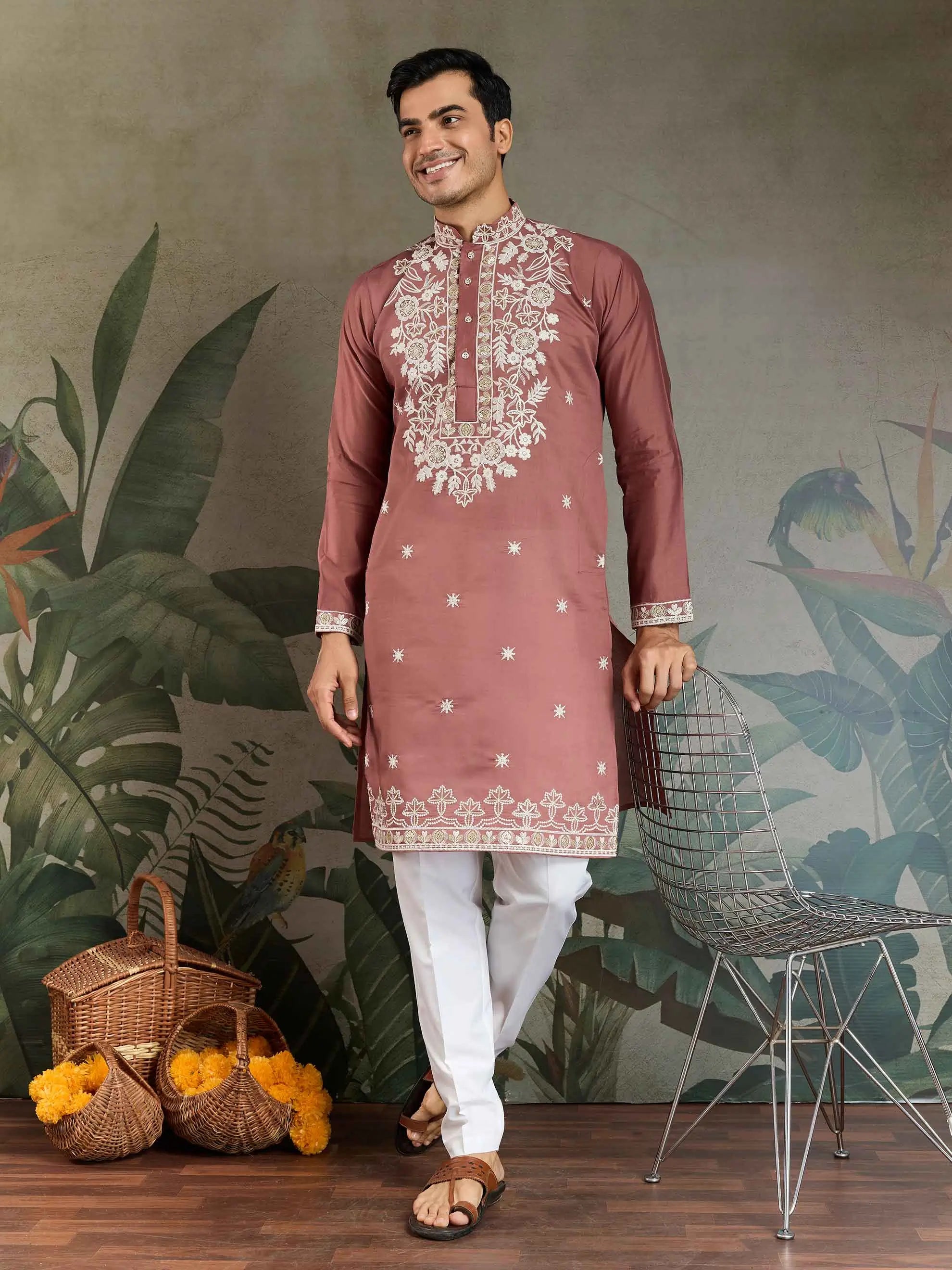 Pinkish Brown Thread & Sequins Embroidery Work Rayon Kurta With Pant - qivii