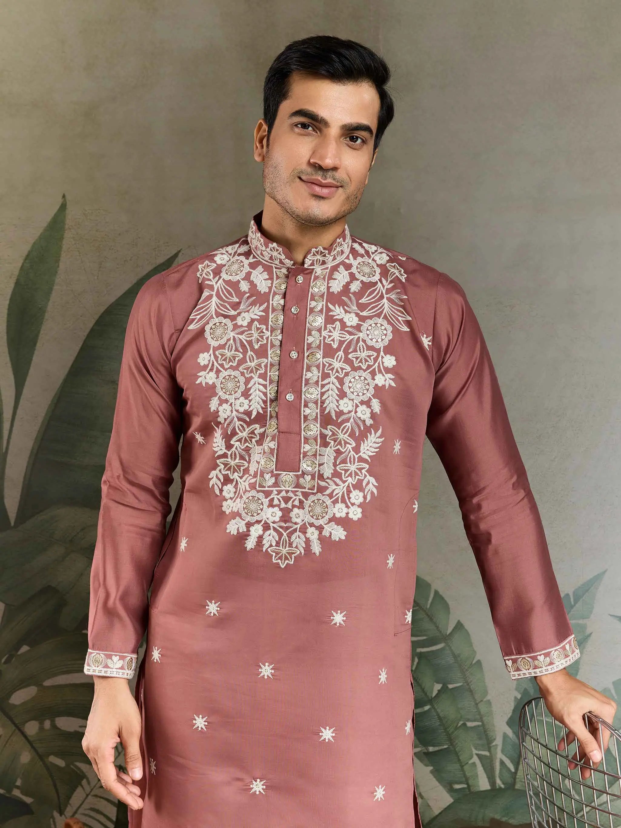 Pinkish Brown Thread & Sequins Embroidery Work Rayon Kurta With Pant - qivii