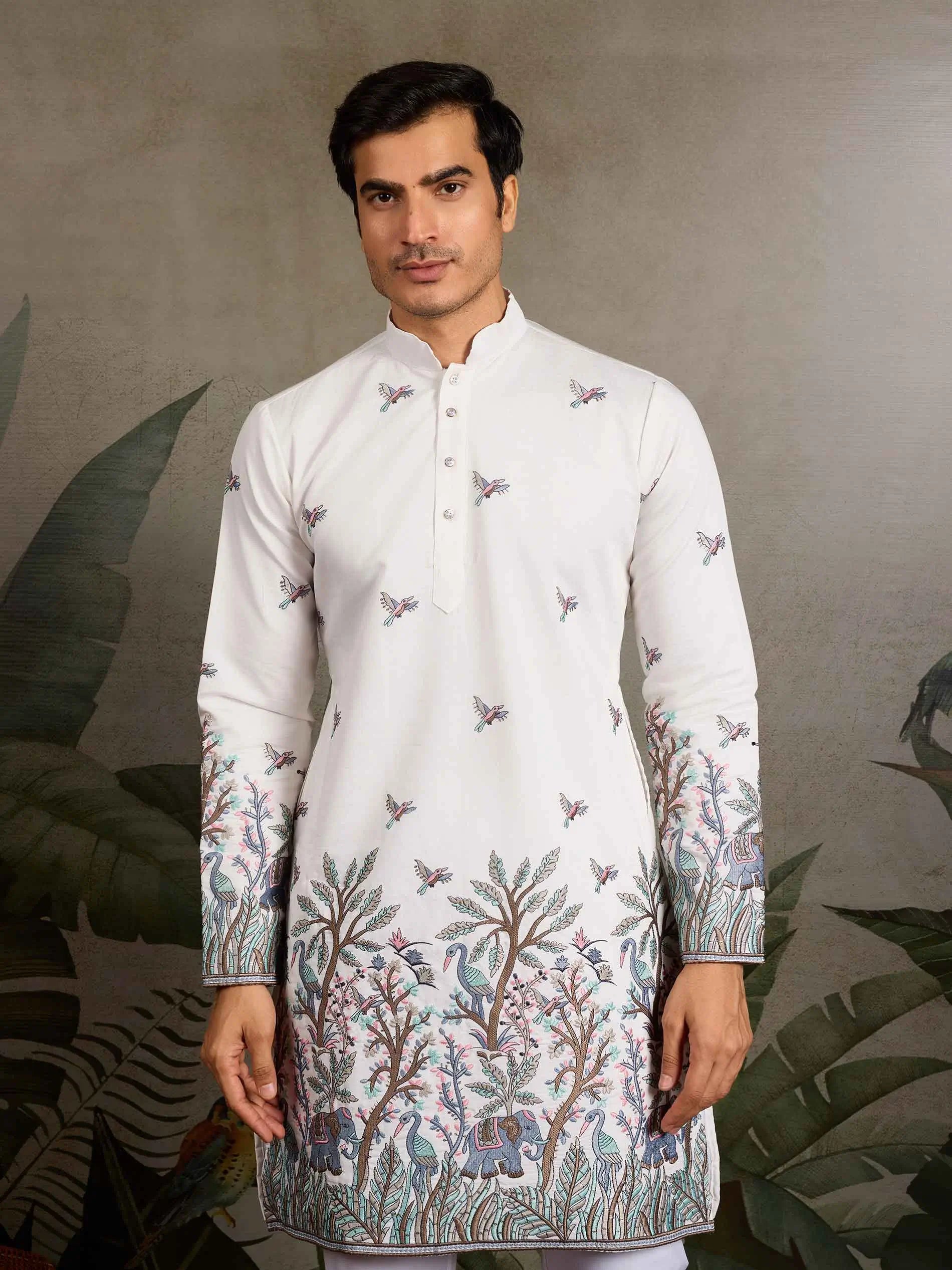 White Silk Kurta Set With Elephant Embroidery Motifs - qivii