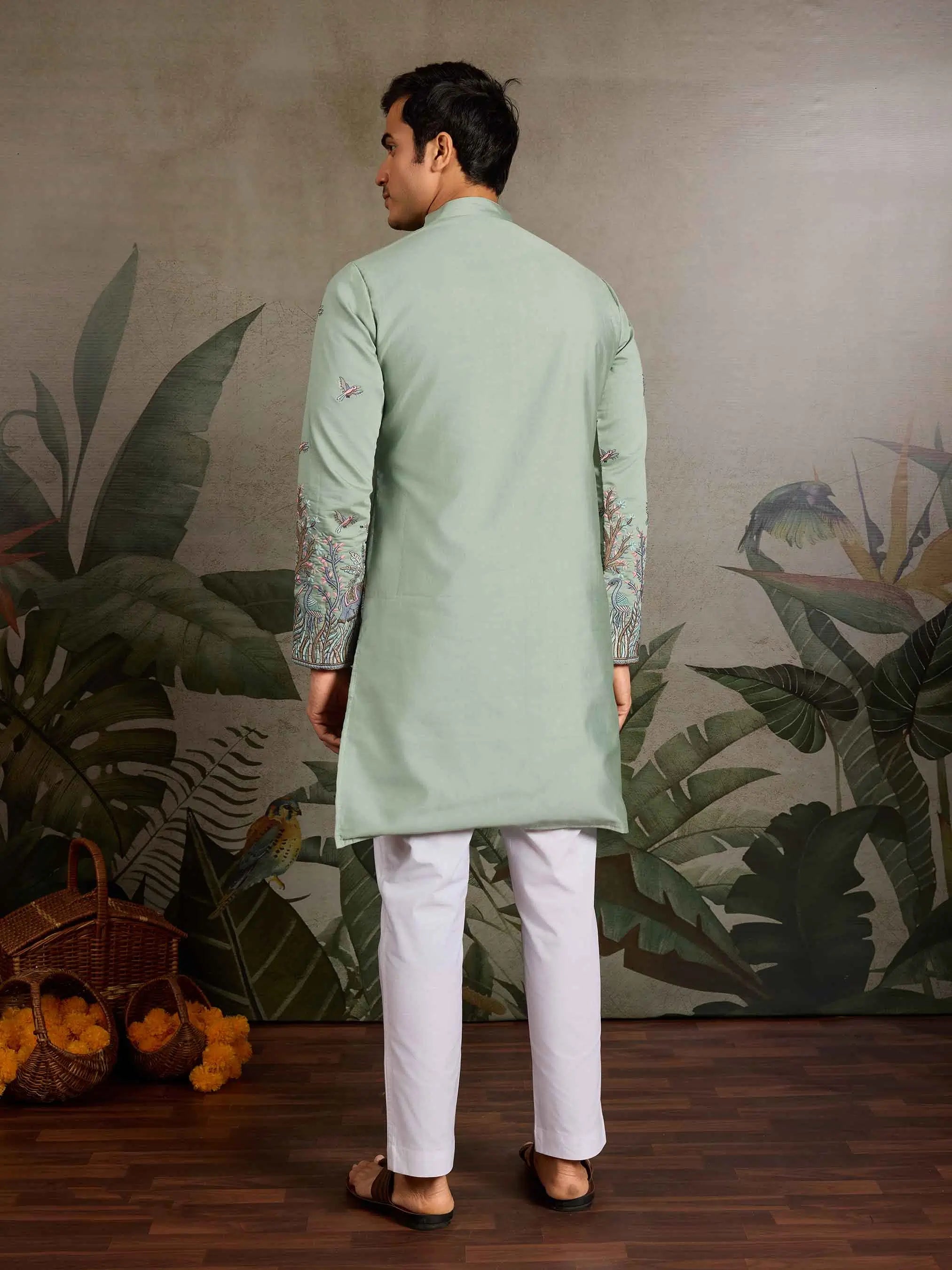 Elegant Pista Kurta Set With Elephant Embroidery Work - qivii