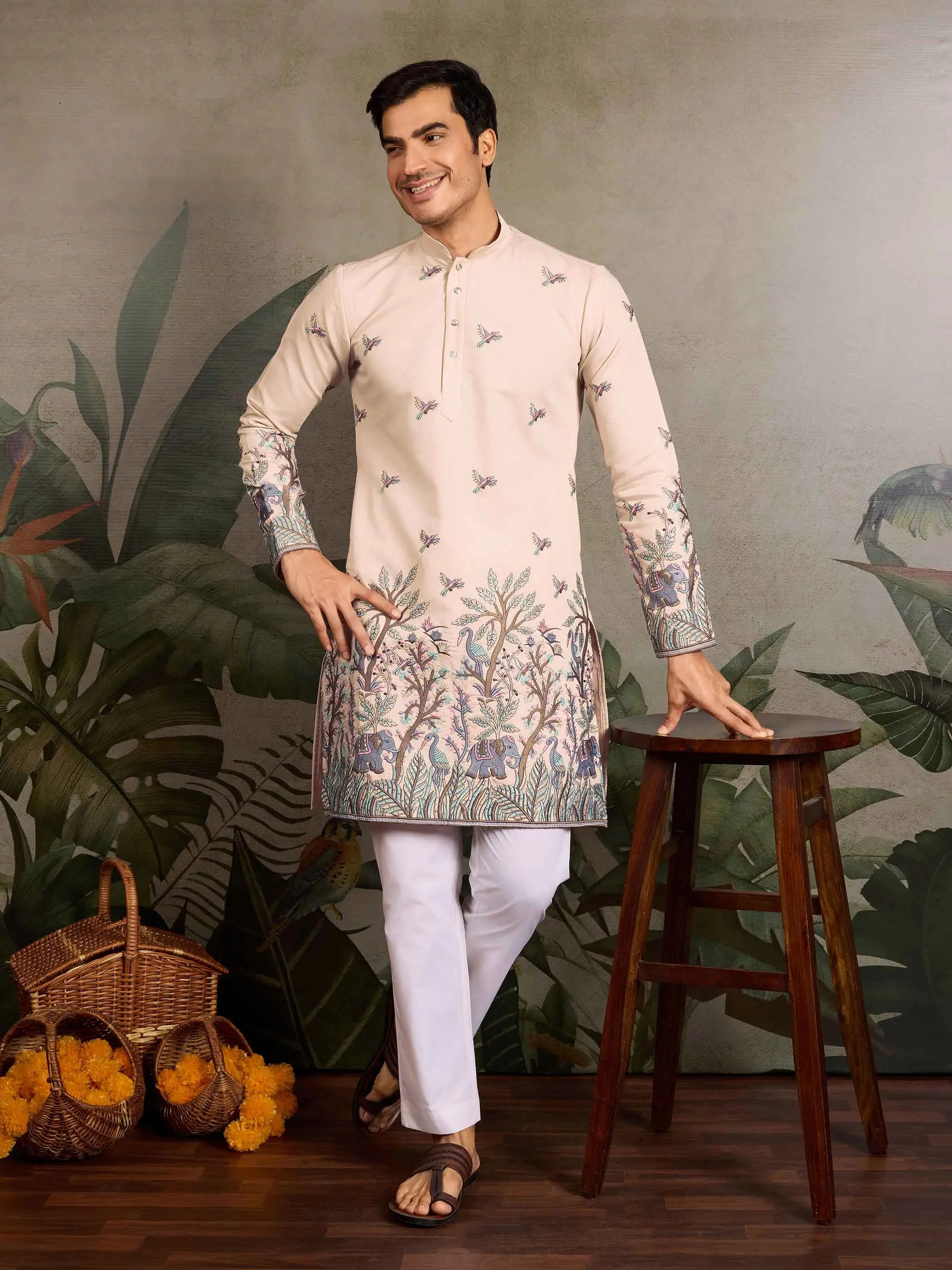 Beige Silk Kurta Set With Elephant Embroidery Work - qivii