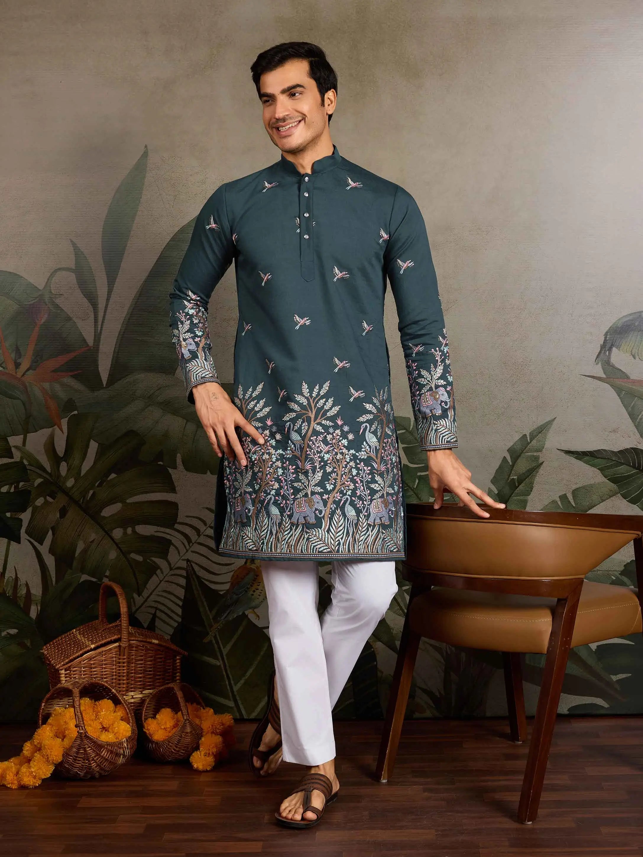 Teal Green Kurta Set With Elephant Embroidery Motifs - qivii