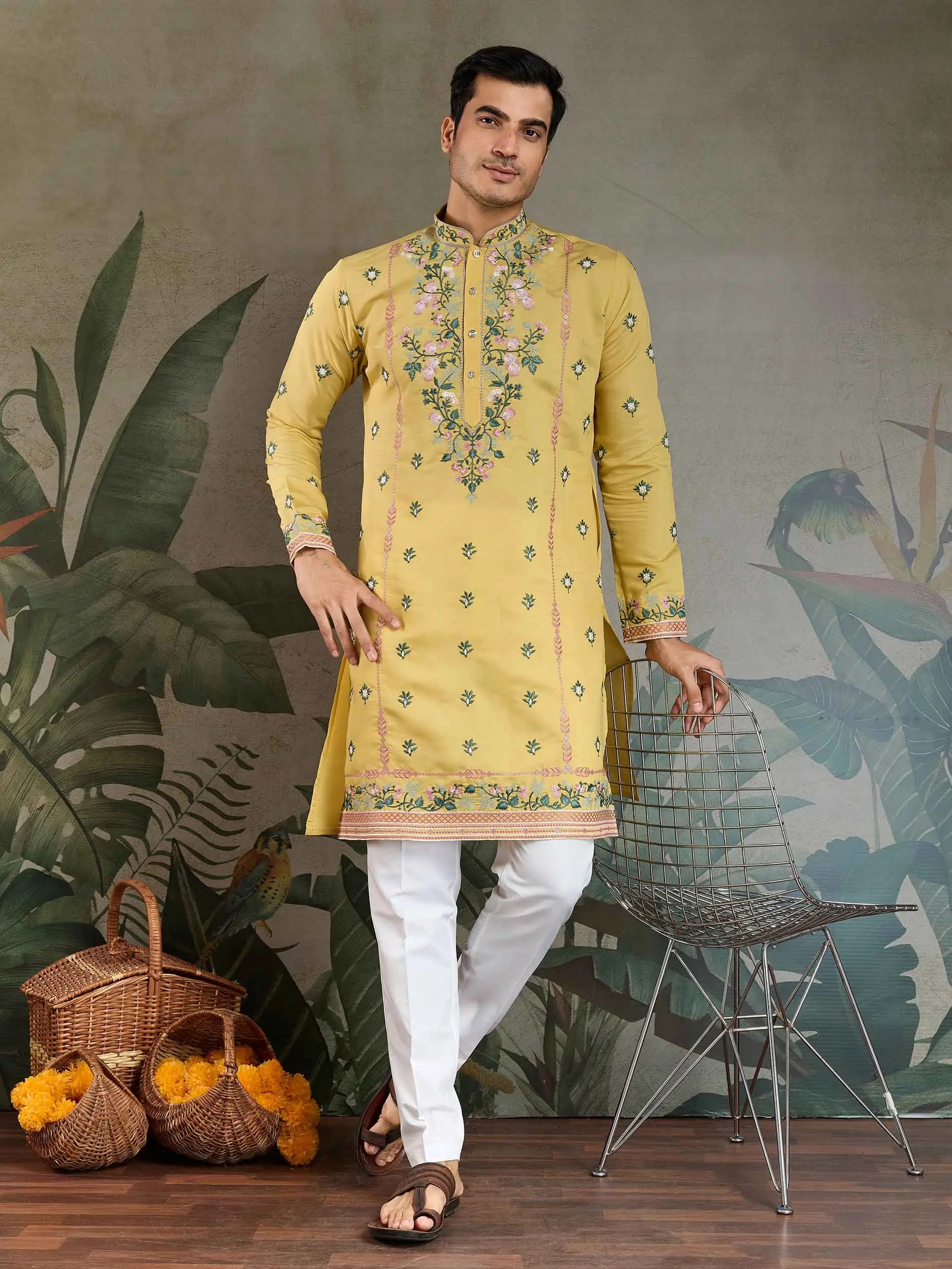 Cool Yellow Viscose Silk Thread And Sequins Embroidery Work Kurta With Pant - qivii