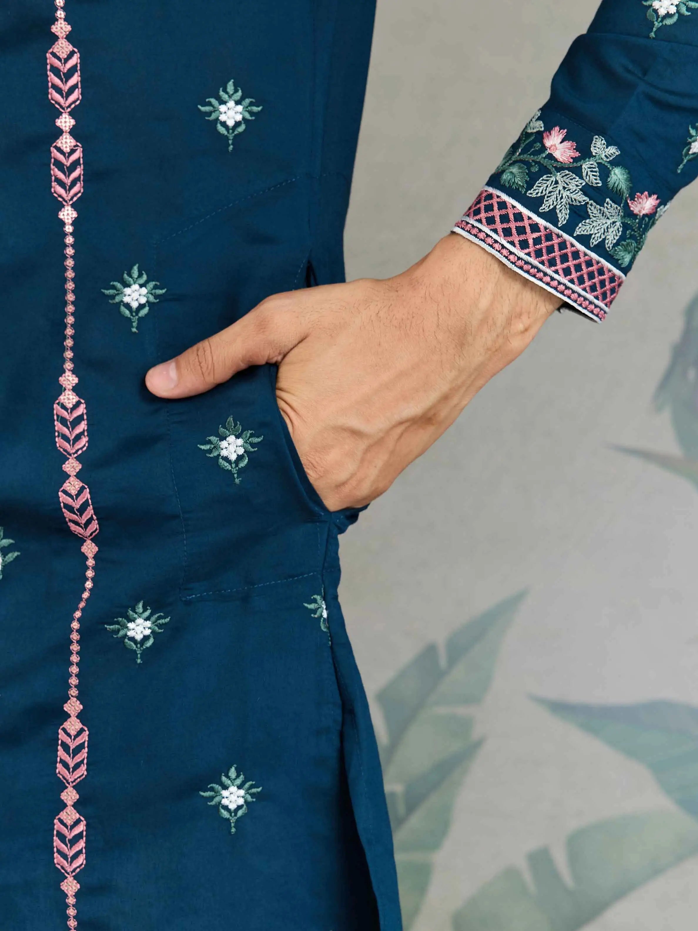 Nile Blue Viscose Silk Thread And Sequins Embroidery Work Kurta With Pant - qivii