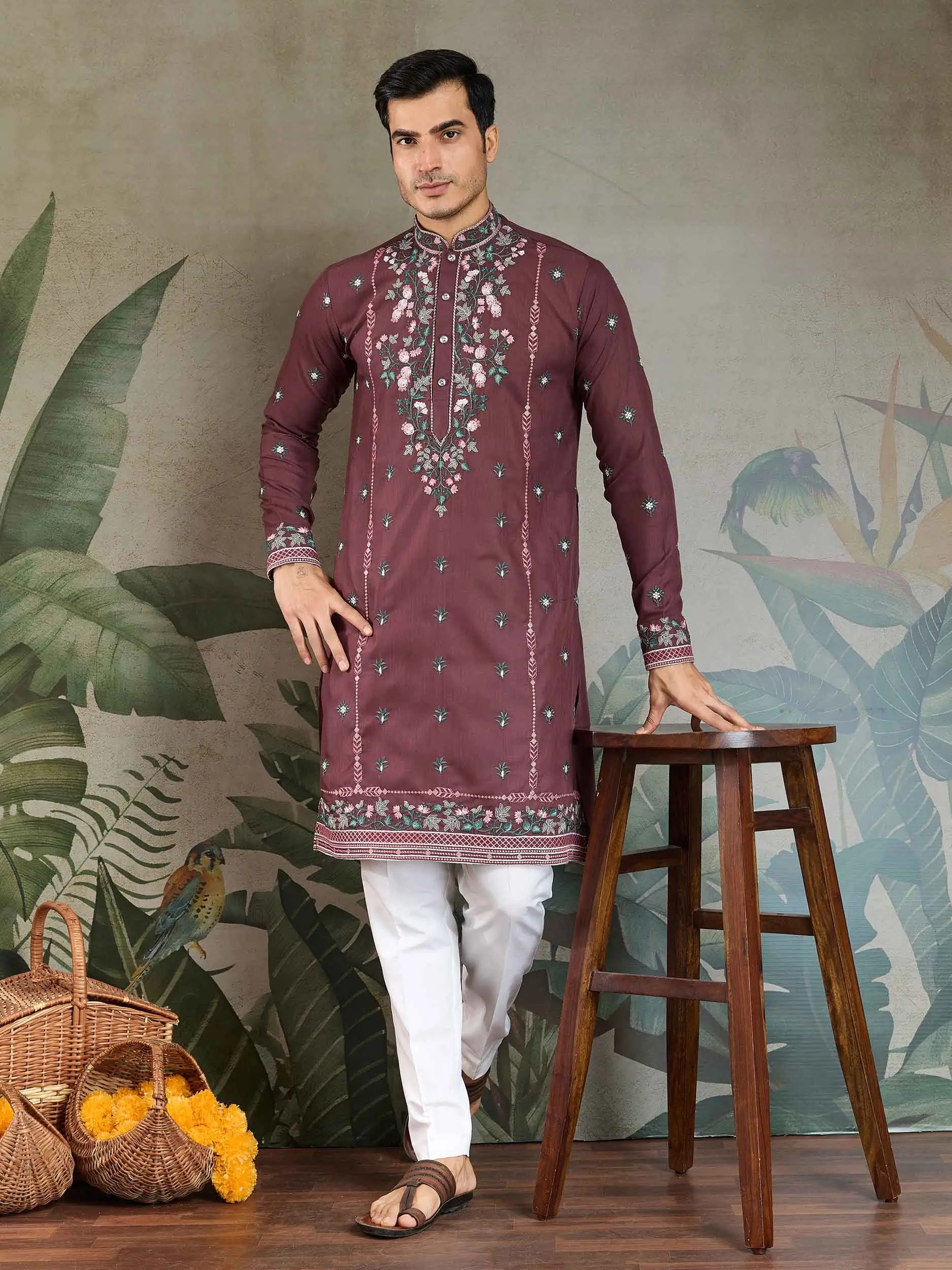 Pastel Chocolate Viscose Silk Thread & Sequins Embroidery Work Kurta With Pant - qivii