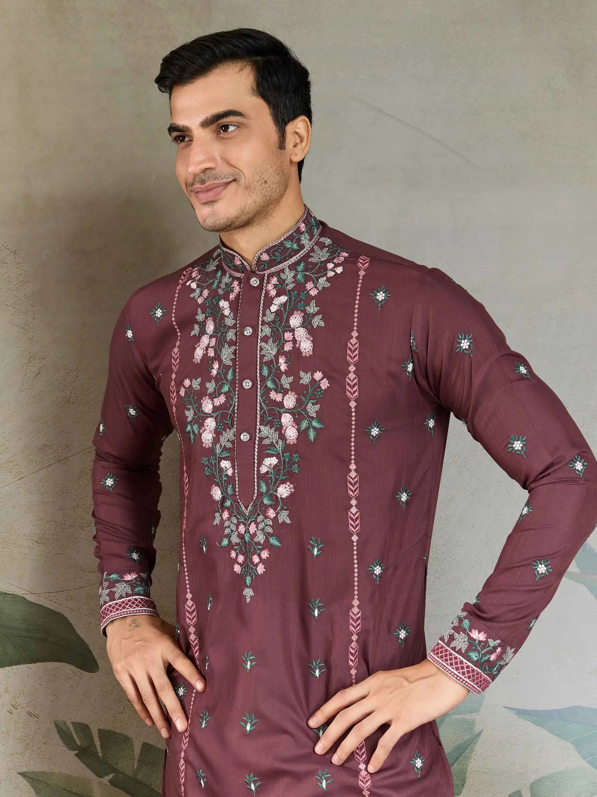 Pastel Chocolate Viscose Silk Thread & Sequins Embroidery Work Kurta With Pant - qivii
