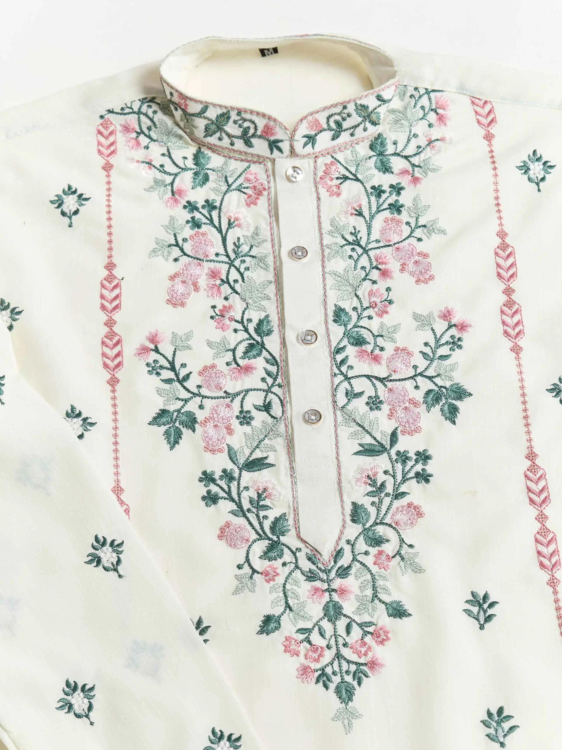 White Viscose Silk Thread And Sequins Embroidery Work Kurta With Pant