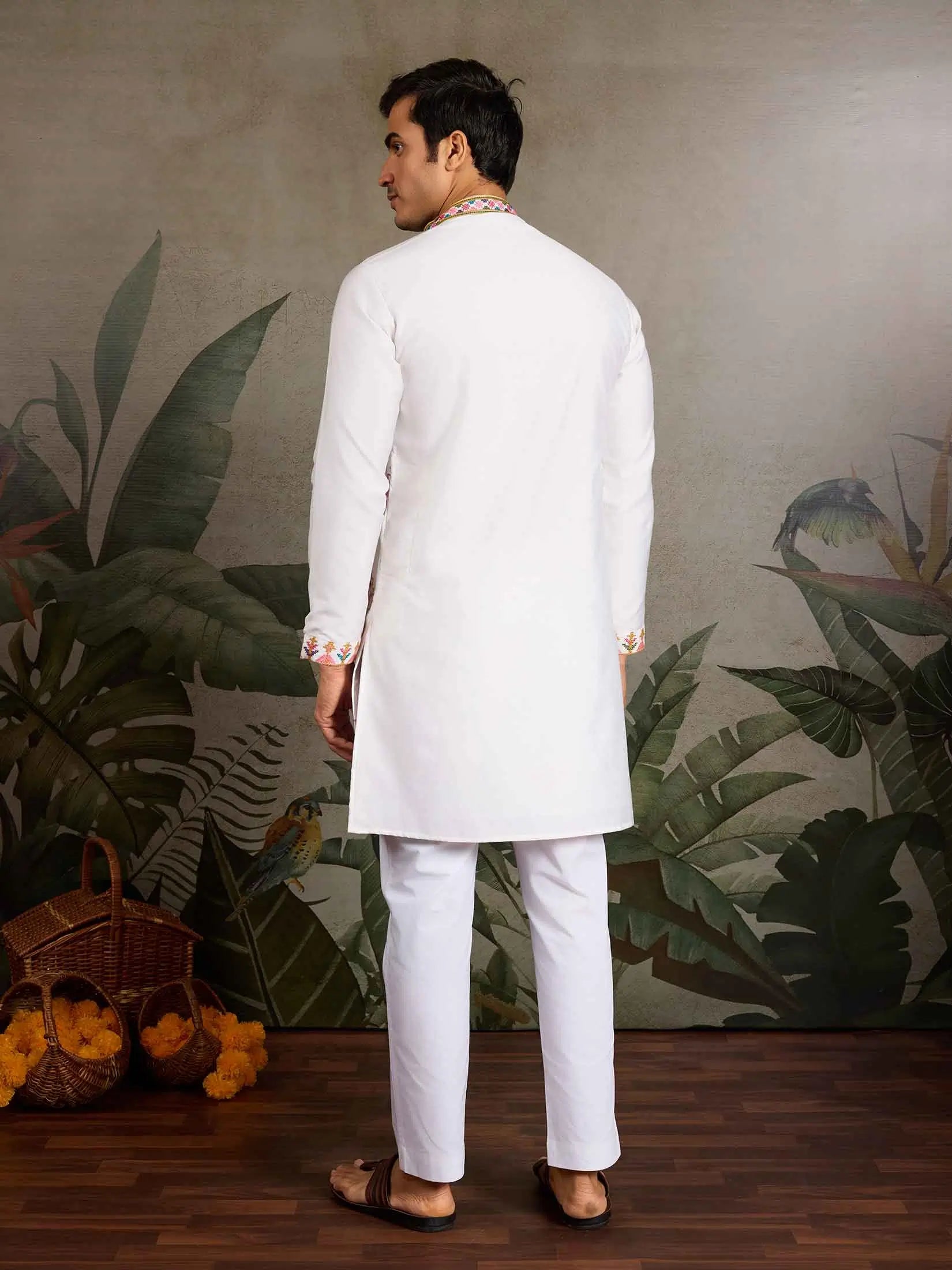 Festive White Kurta Set with Multi-Thread Embroidery Work - qivii