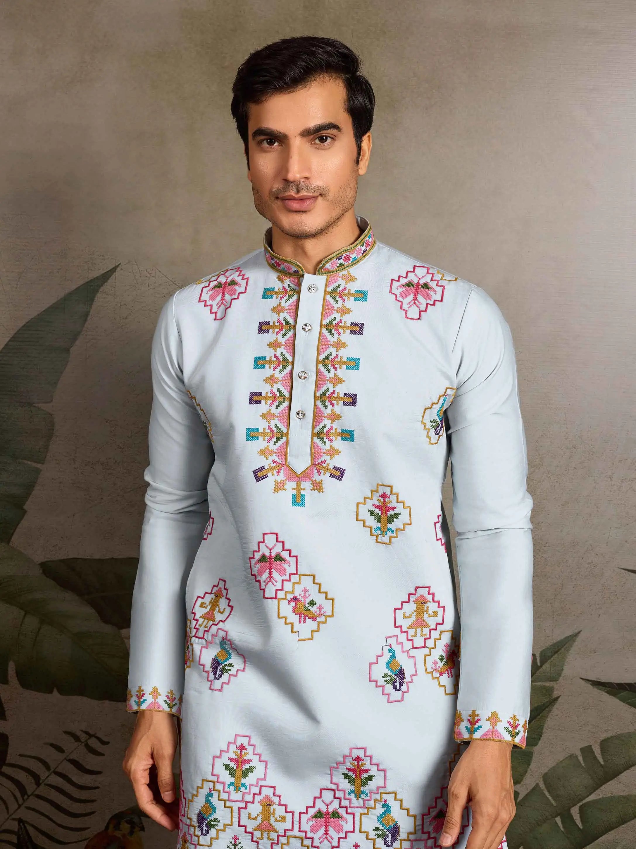 Festive Sky Kurta Set with Multi-Thread Embroidery Work - qivii