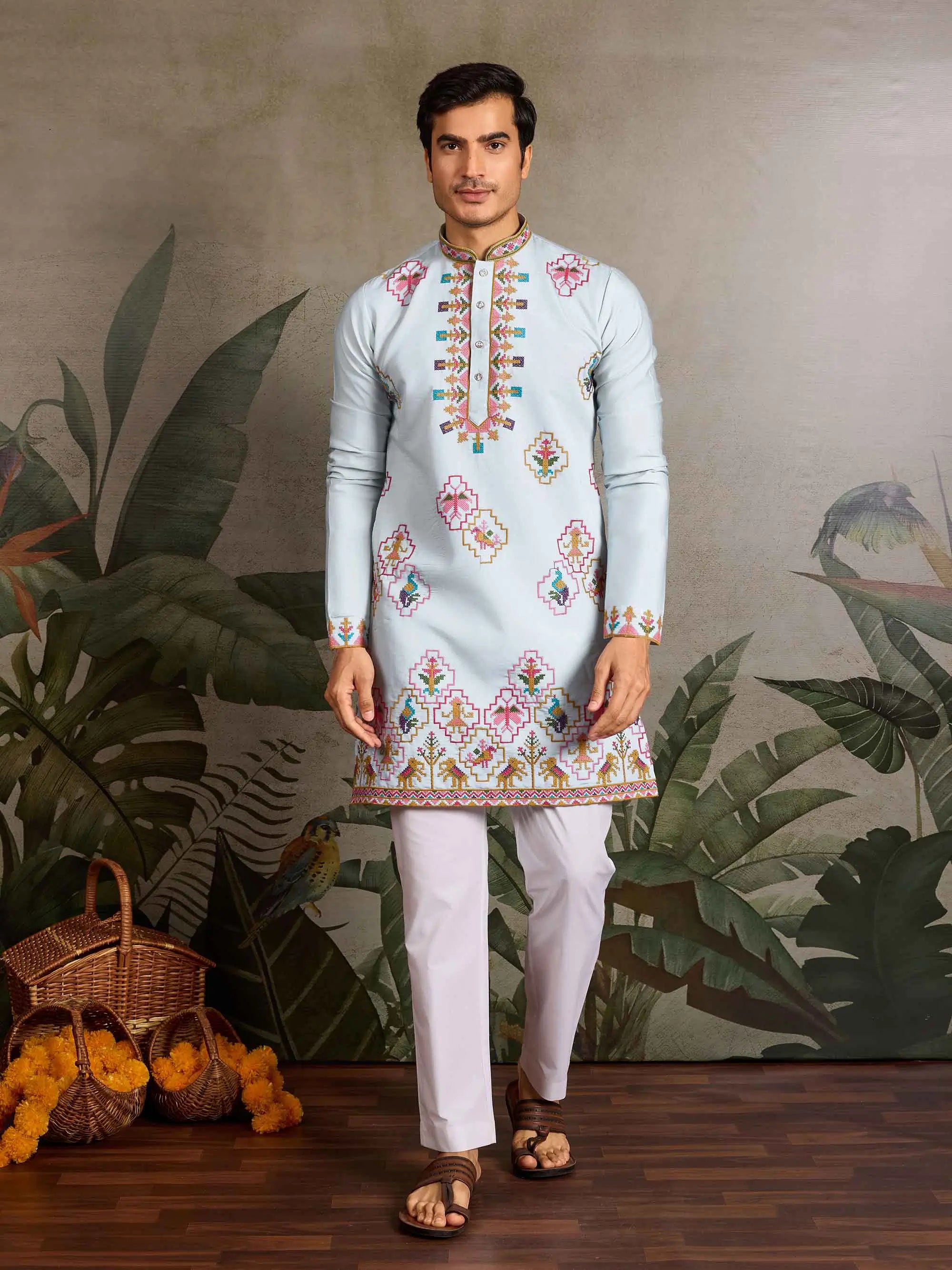 Festive Sky Kurta Set with Multi-Thread Embroidery Work - qivii