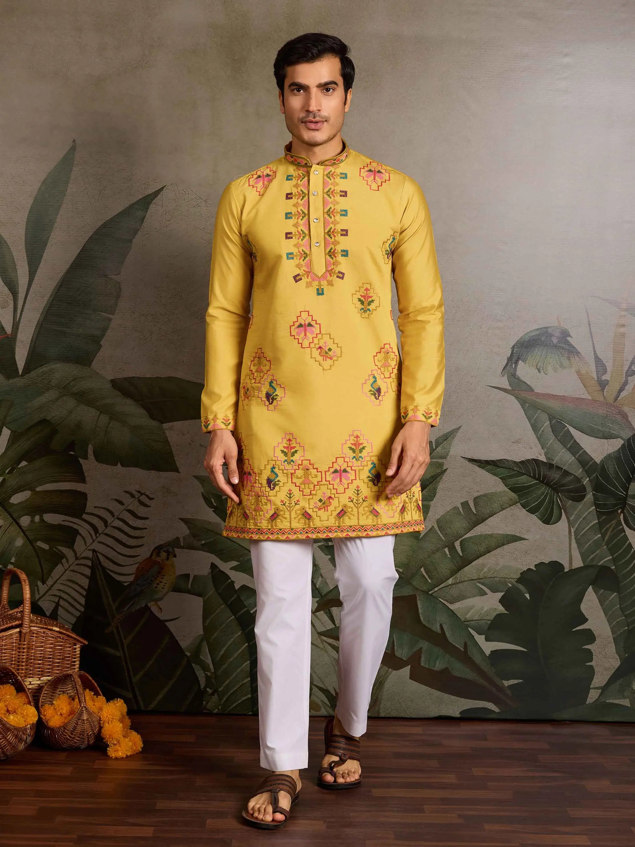 Festive Yellow Kurta Set with Multi-Thread Embroidery Work - qivii