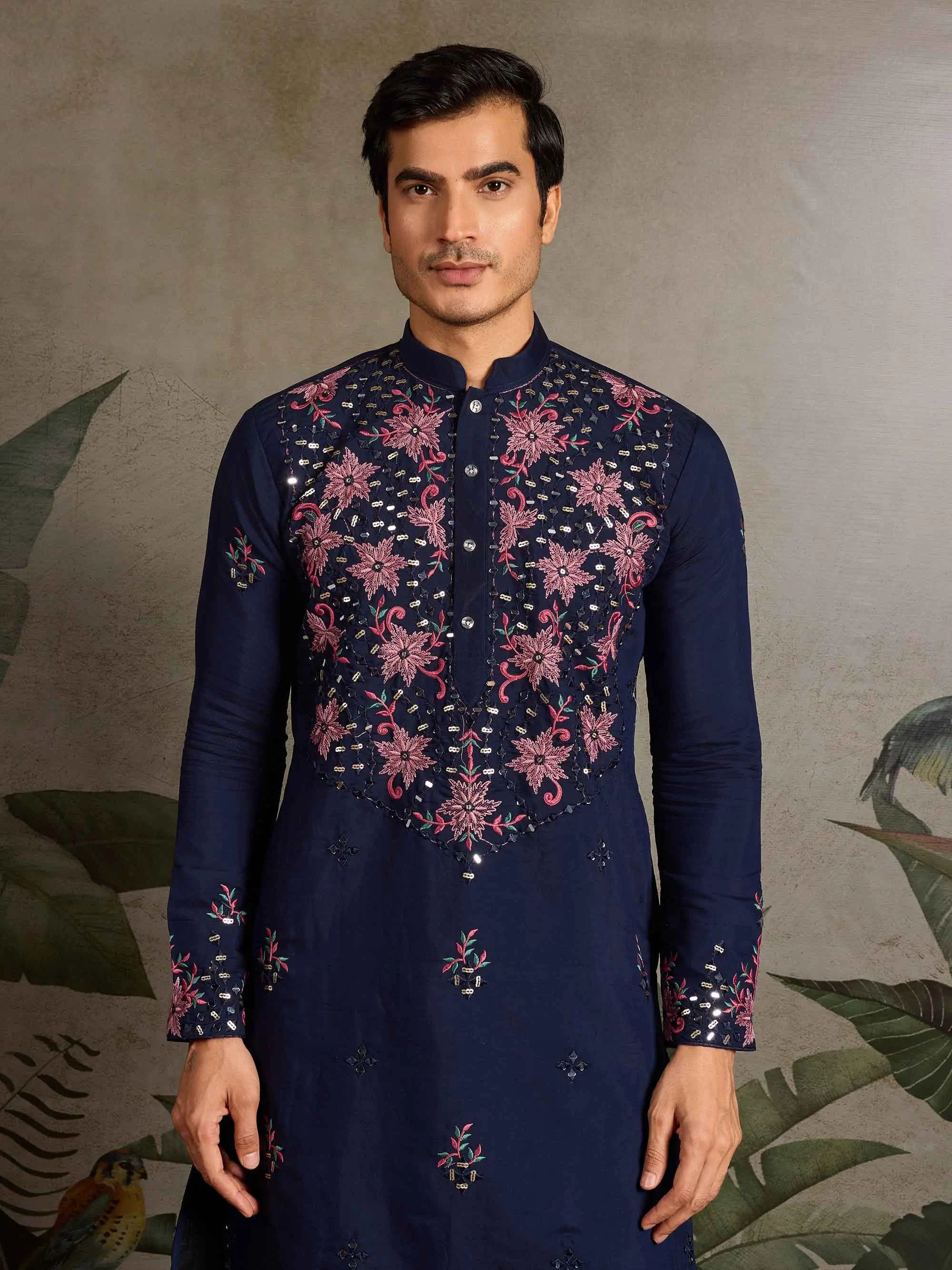Elegant Navy Kurta Set With Mirror & Sequins Embroidery - qivii