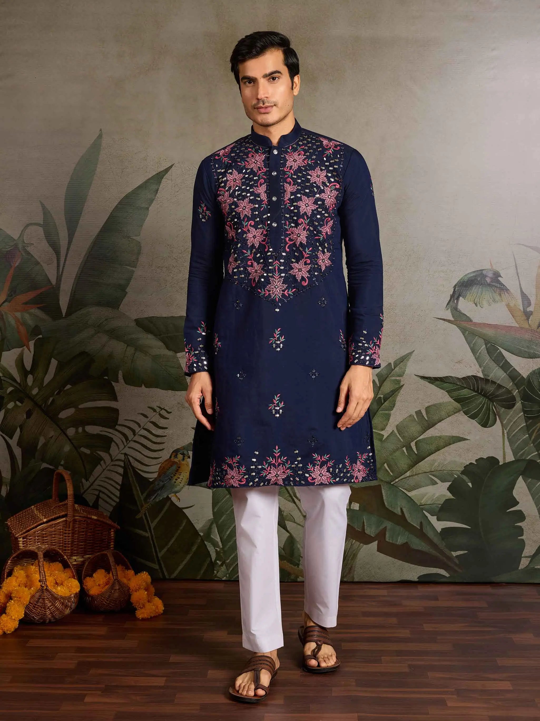 Elegant Navy Kurta Set With Mirror & Sequins Embroidery - qivii