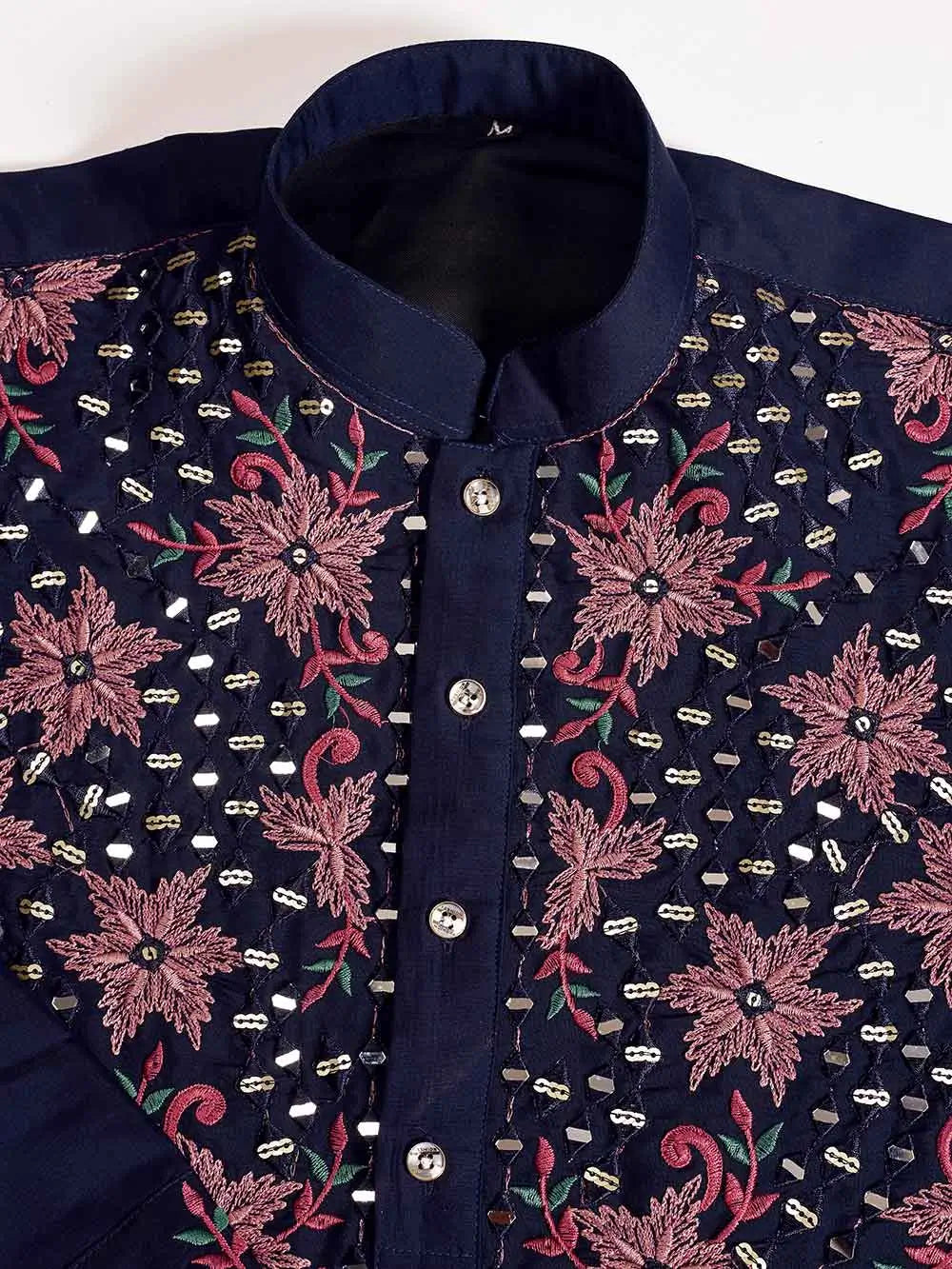 Elegant Navy Kurta Set With Mirror & Sequins Embroidery - qivii