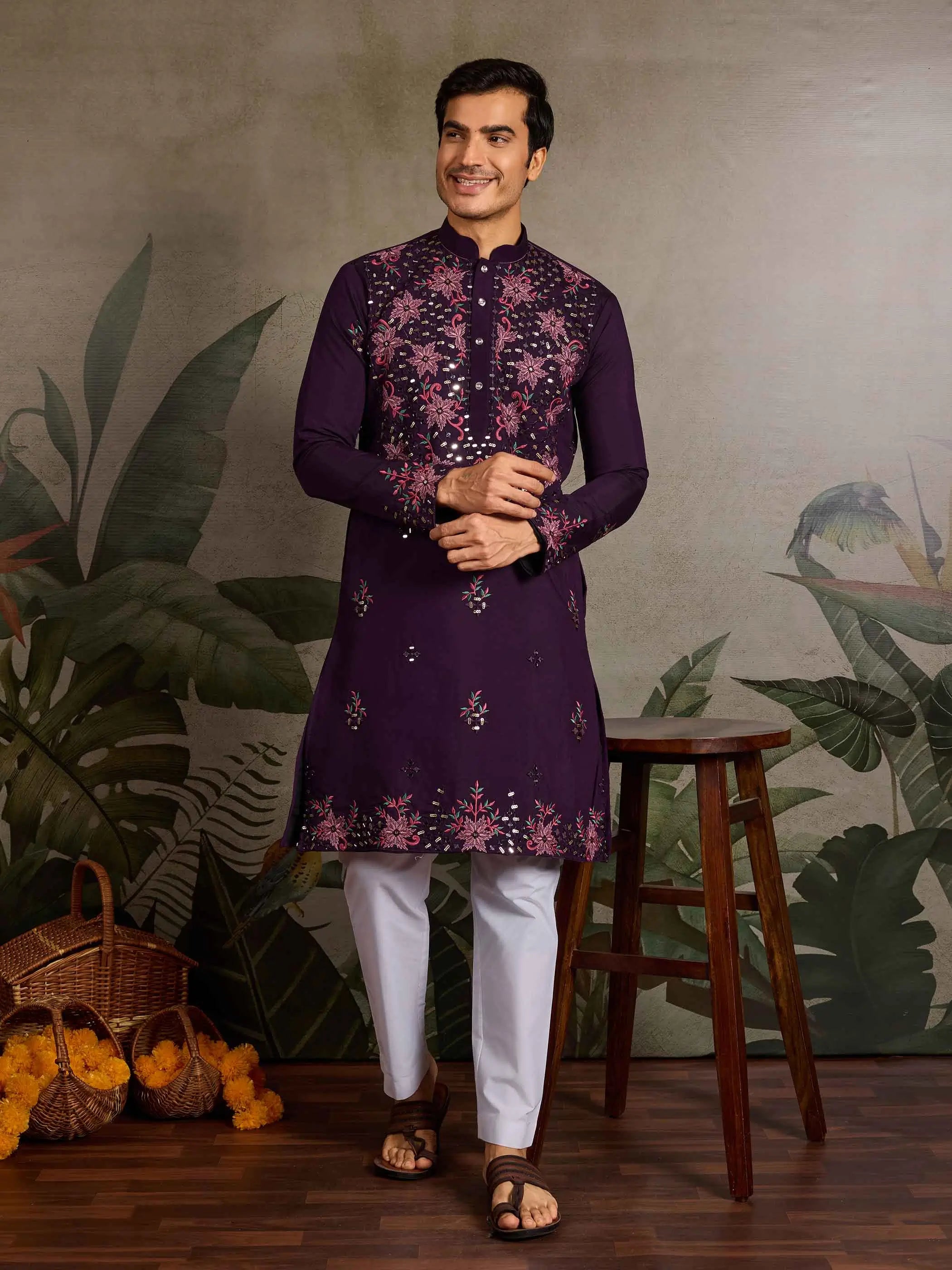 Elegant Purple Kurta Set With Mirror & Sequins Embroidery - qivii