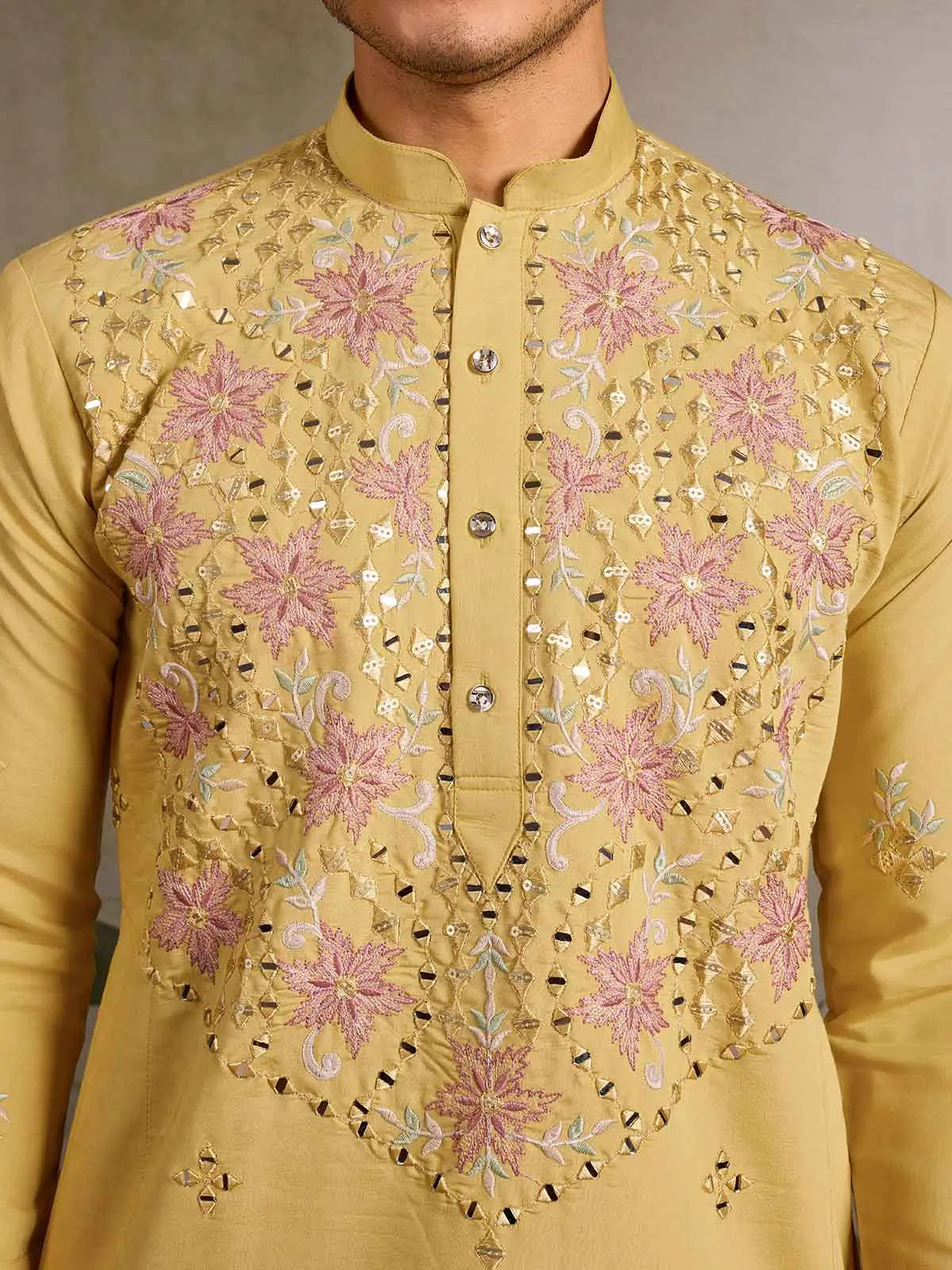 Elegant Yellow Kurta Set With Mirror & Sequins Embroidery - qivii