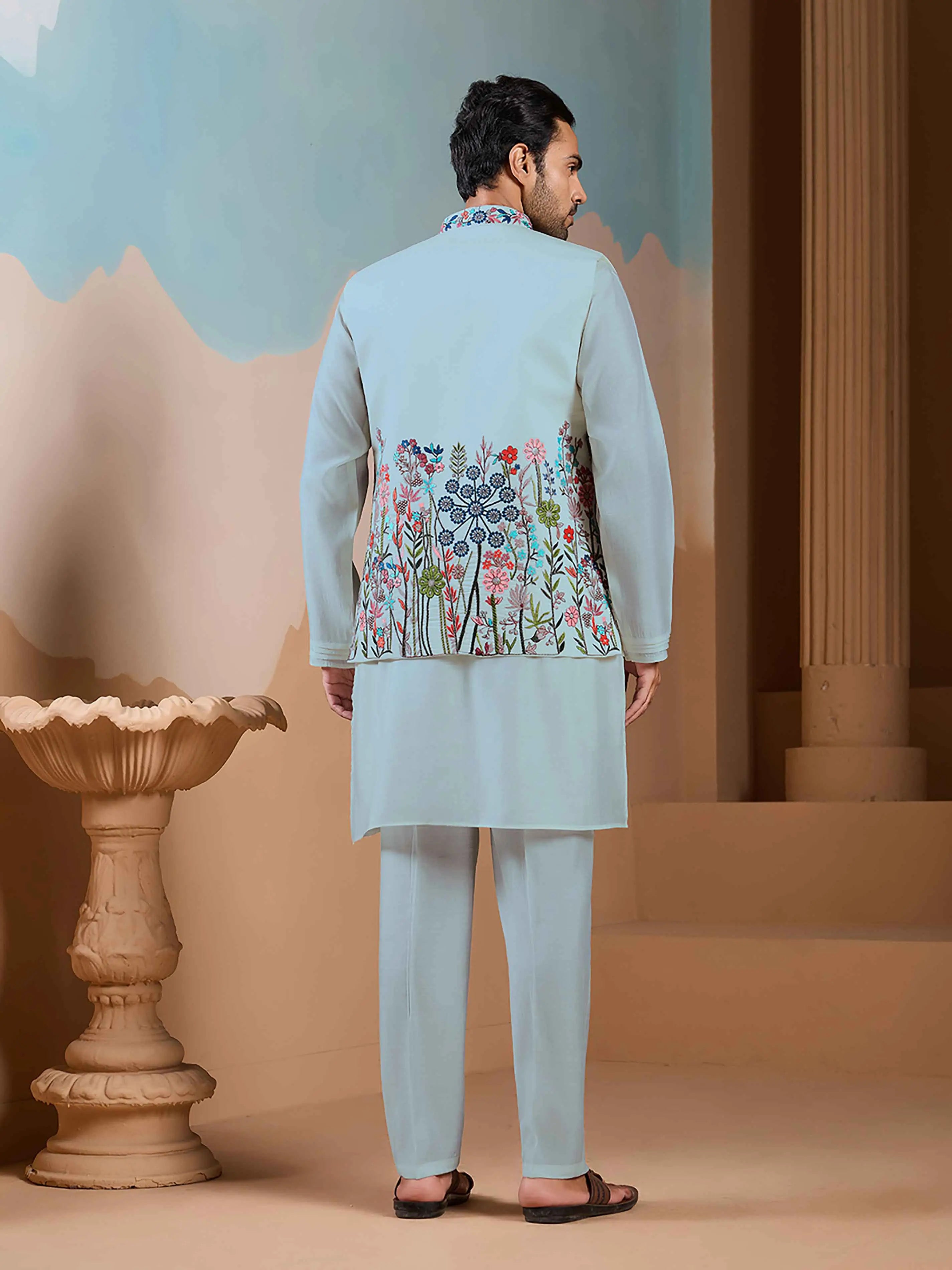 Light Pista Kurta Set With Embroidery Sequins Koti
