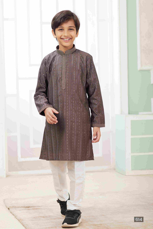 Boy's Brown Art Silk Embroidery Kurta Set