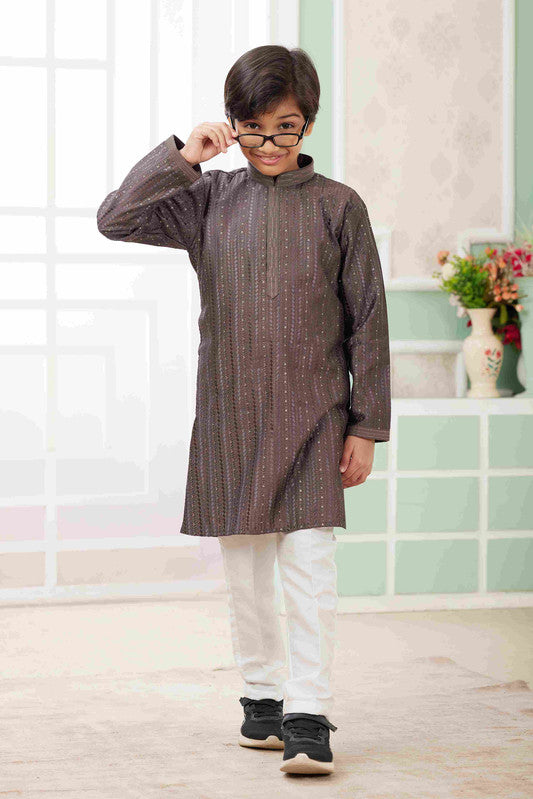 Boy's Brown Art Silk Embroidery Kurta Set