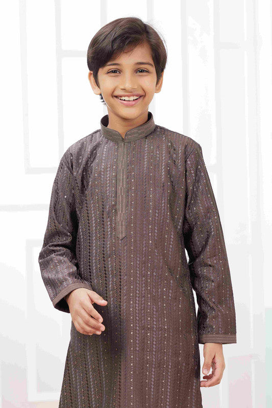 Boy's Brown Art Silk Embroidery Kurta Set