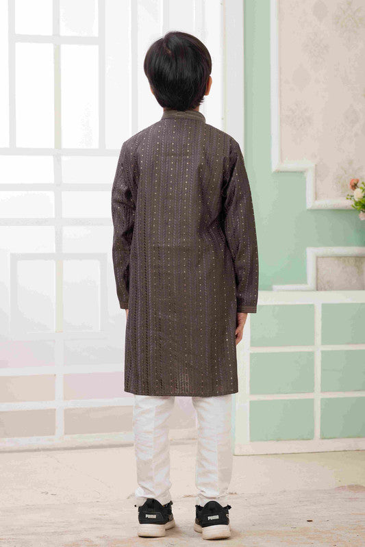 Boy's Brown Art Silk Embroidery Kurta Set