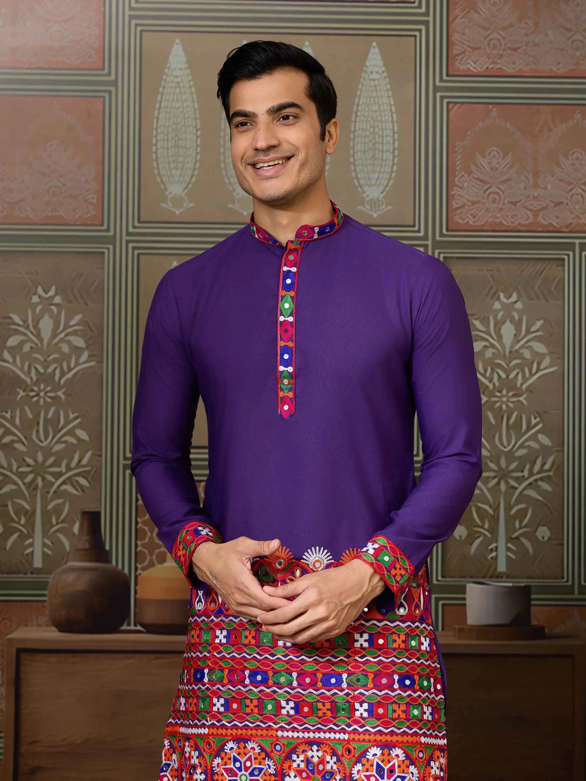 Purple Multi Thread And Real Mirror Work Kurta Set For Navratri - qivii