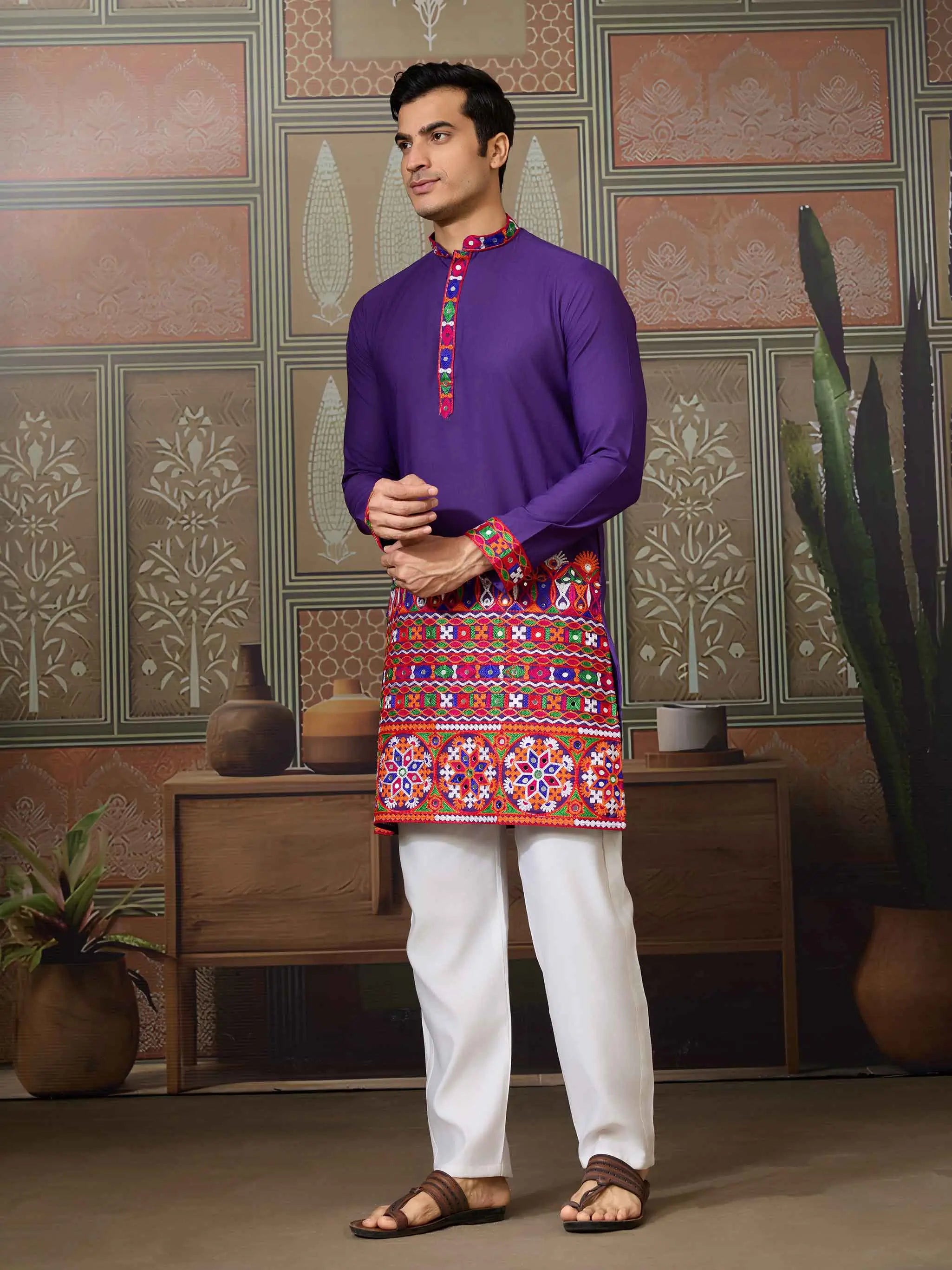 Purple Multi Thread And Real Mirror Work Kurta Set For Navratri - qivii