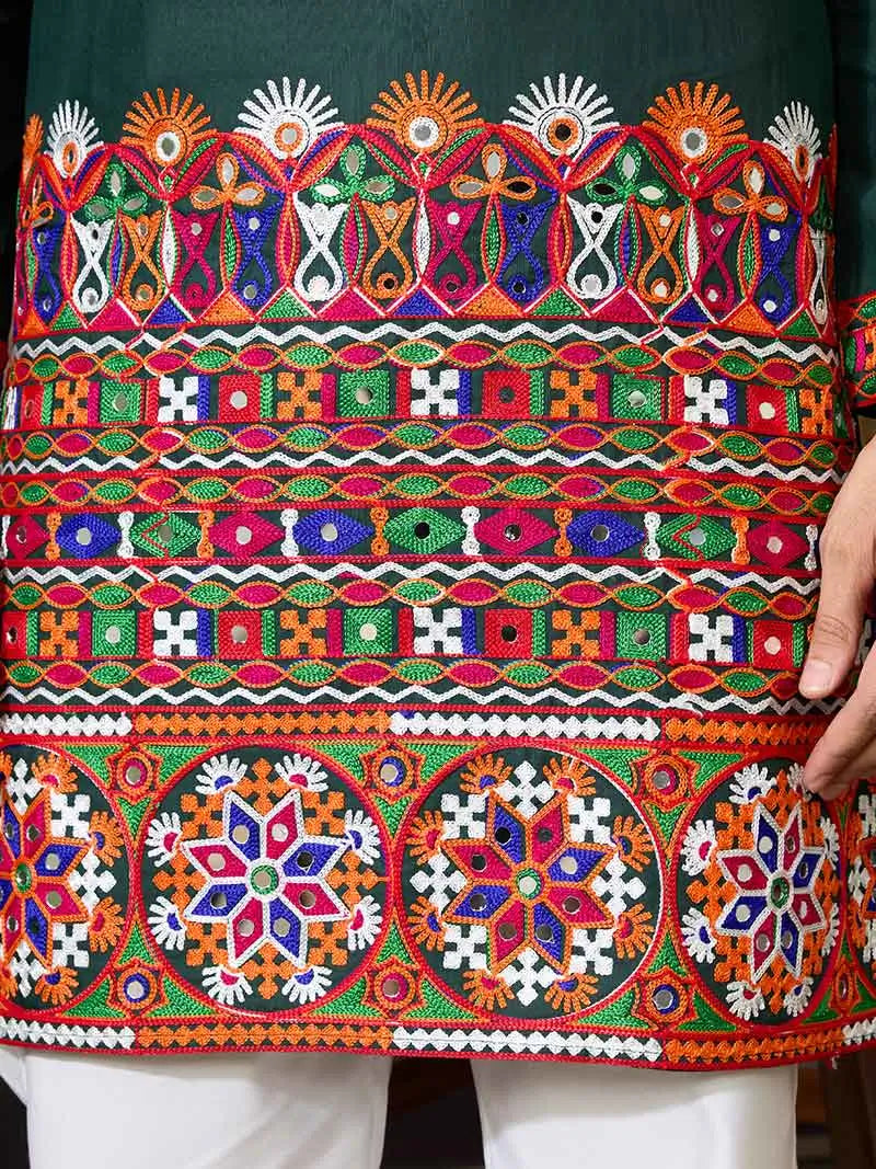 Green Multi Thread And Real Mirror Work Kurta Set For Navratri - qivii