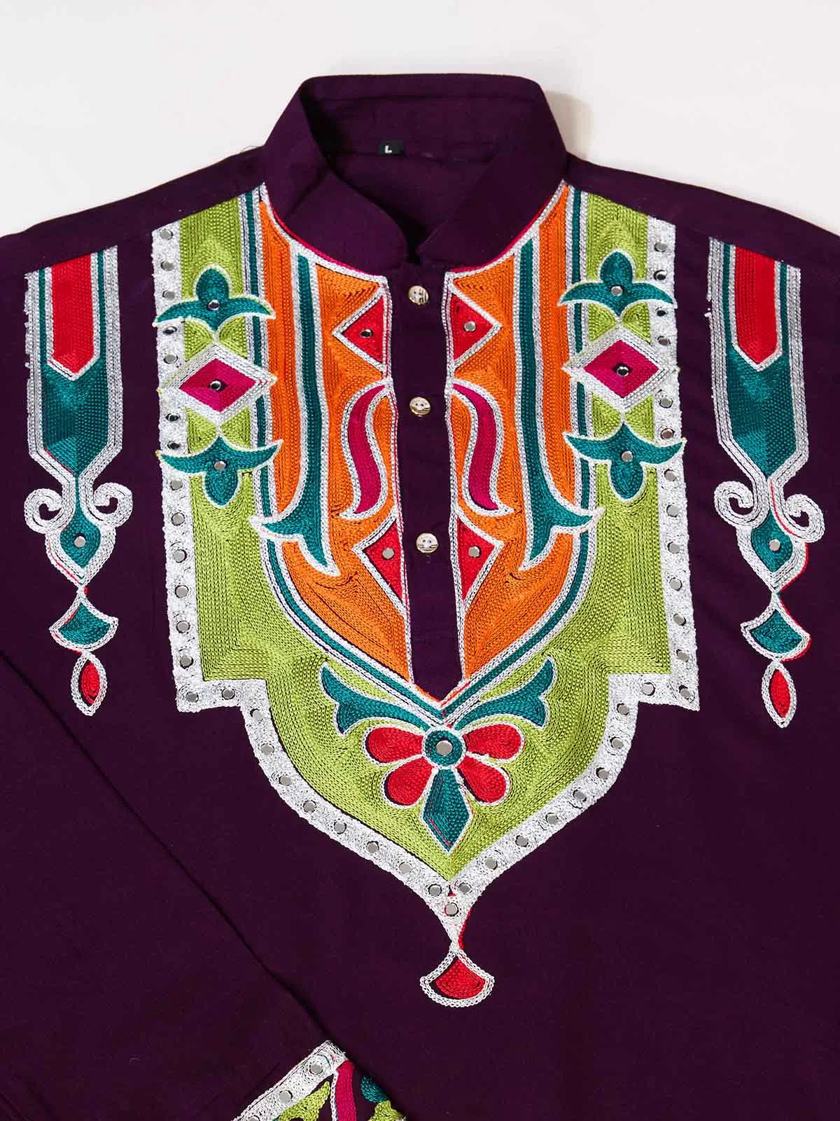 Purple Navratri Kurta Set Multi Thread And Real Mirror Work - qivii