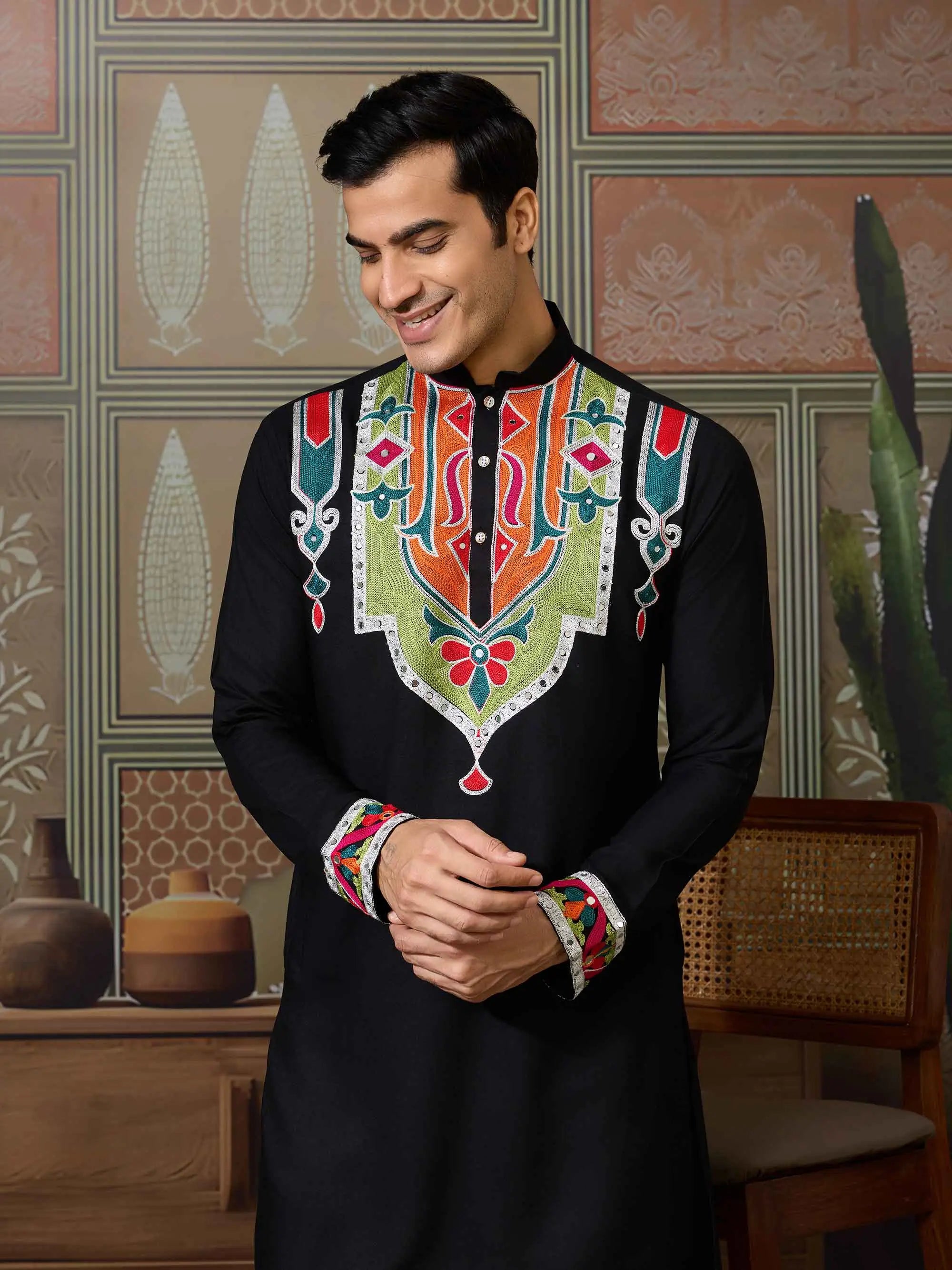 Black Navratri Kurta Set Multi Thread And Real Mirror Work - qivii