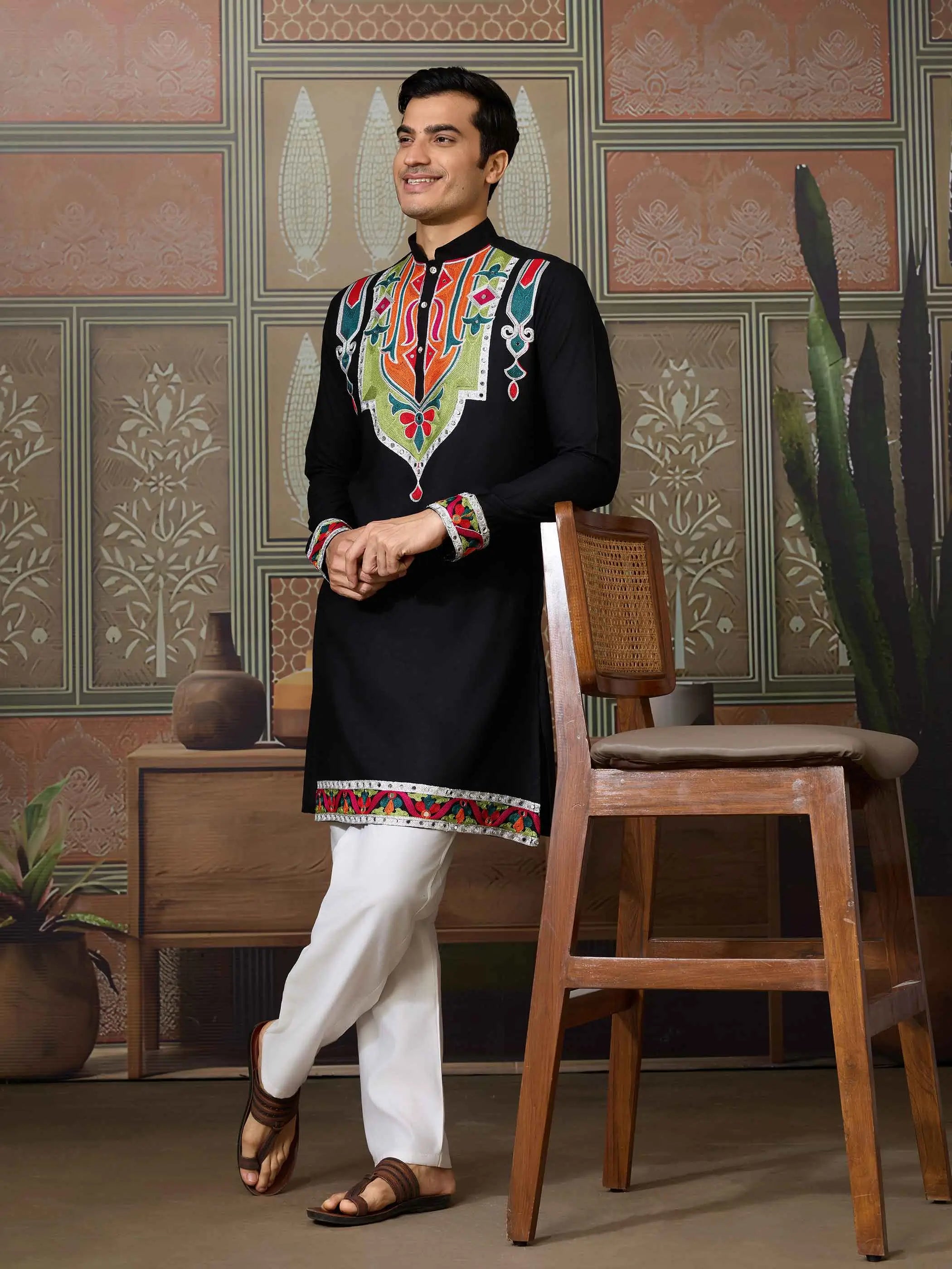 Black Navratri Kurta Set Multi Thread And Real Mirror Work - qivii