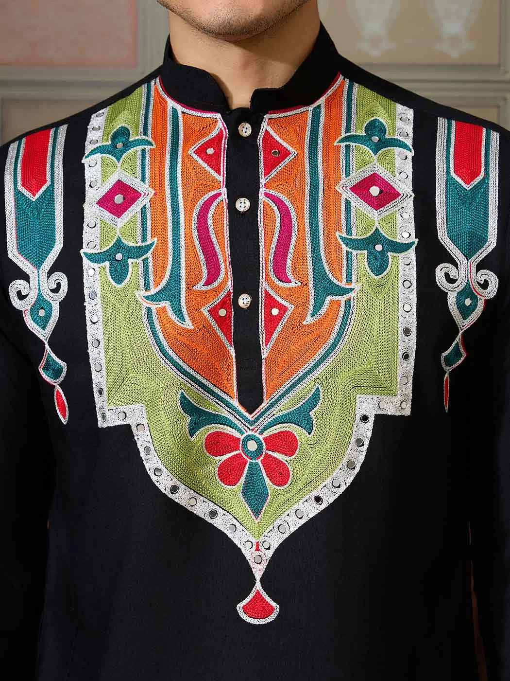 Black Navratri Kurta Set Multi Thread And Real Mirror Work - qivii