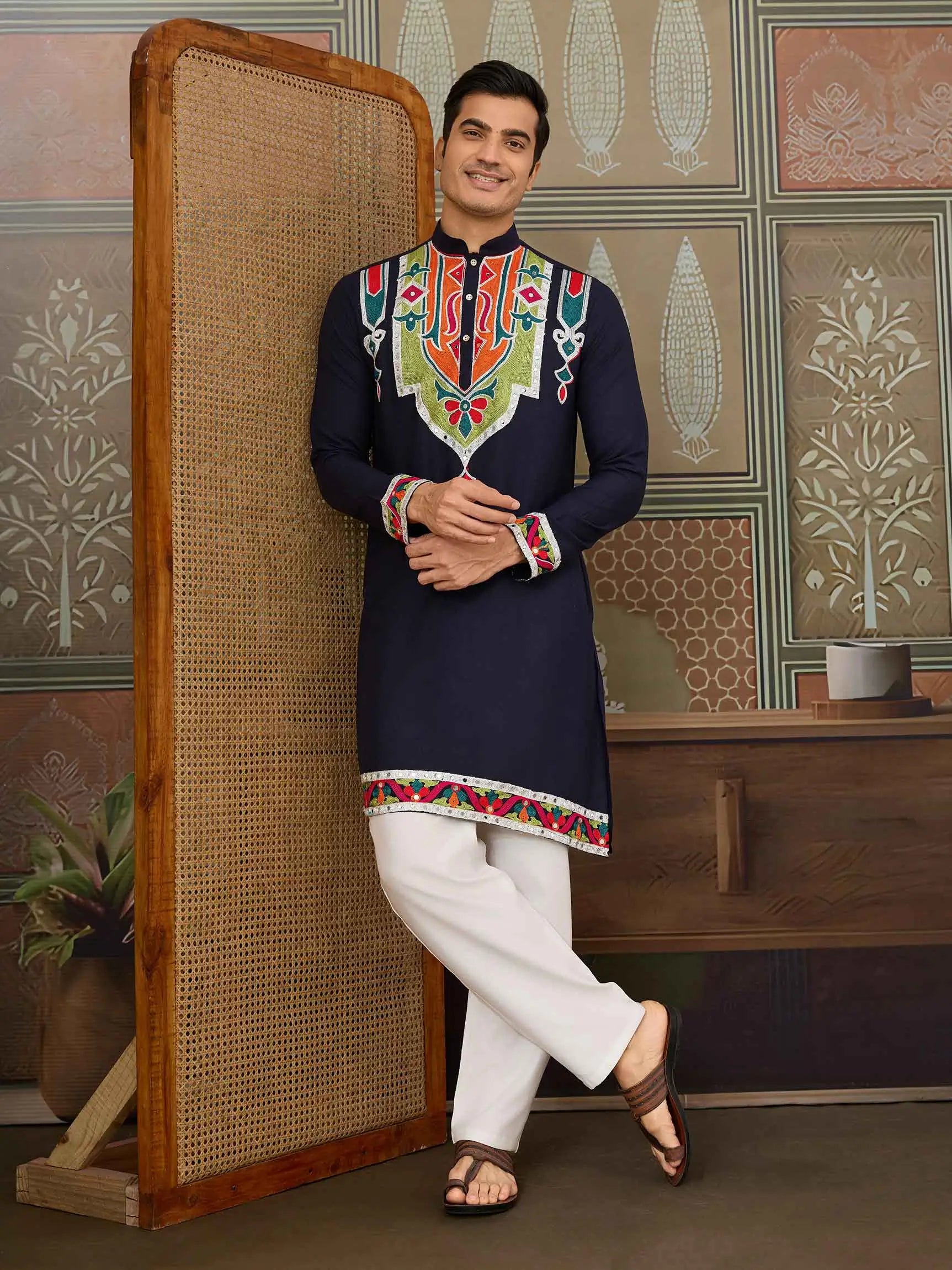 Navy Blue Navratri Kurta Set Multi Thread And Real Mirror Work - qivii