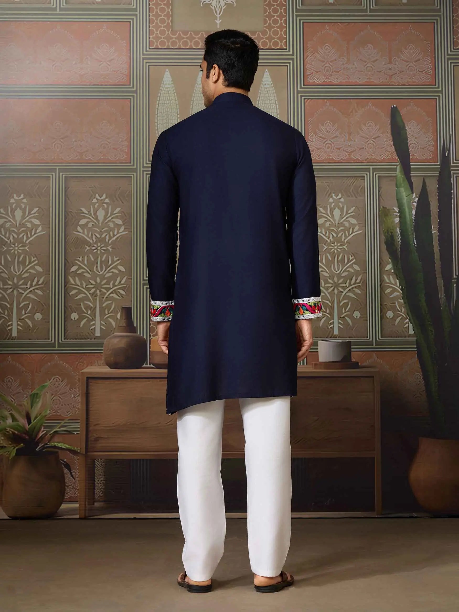 Navy Blue Navratri Kurta Set Multi Thread And Real Mirror Work - qivii