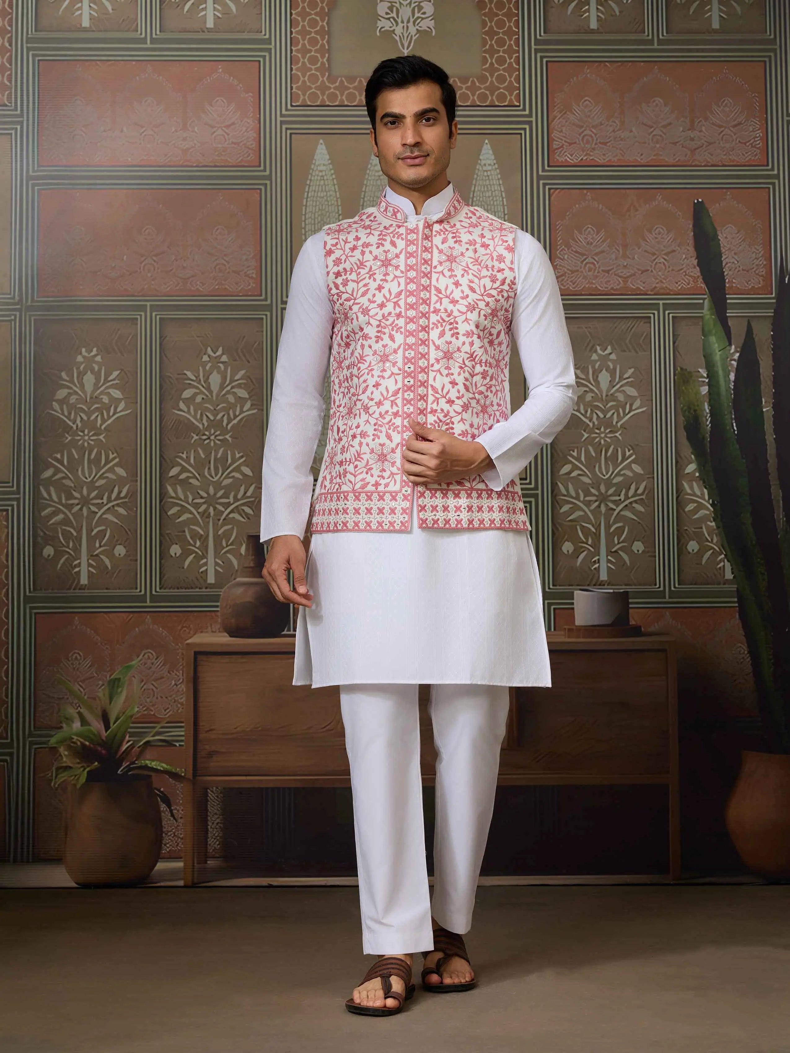 Peach Silk Kurta Set With Embroidery & Mirror Work Koti - qivii