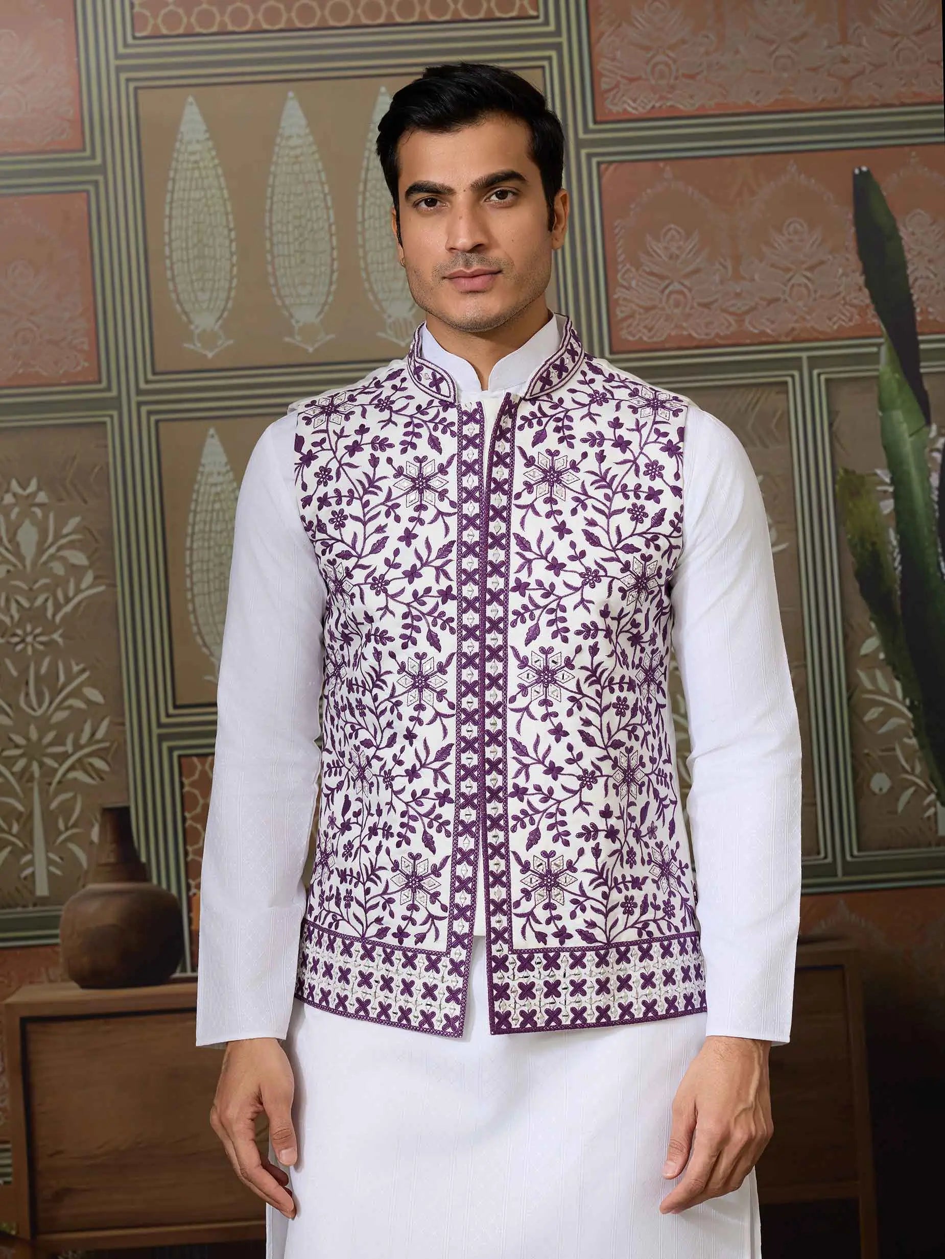 Purple Silk Kurta Set With Embroidery & Mirror Work Koti - qivii