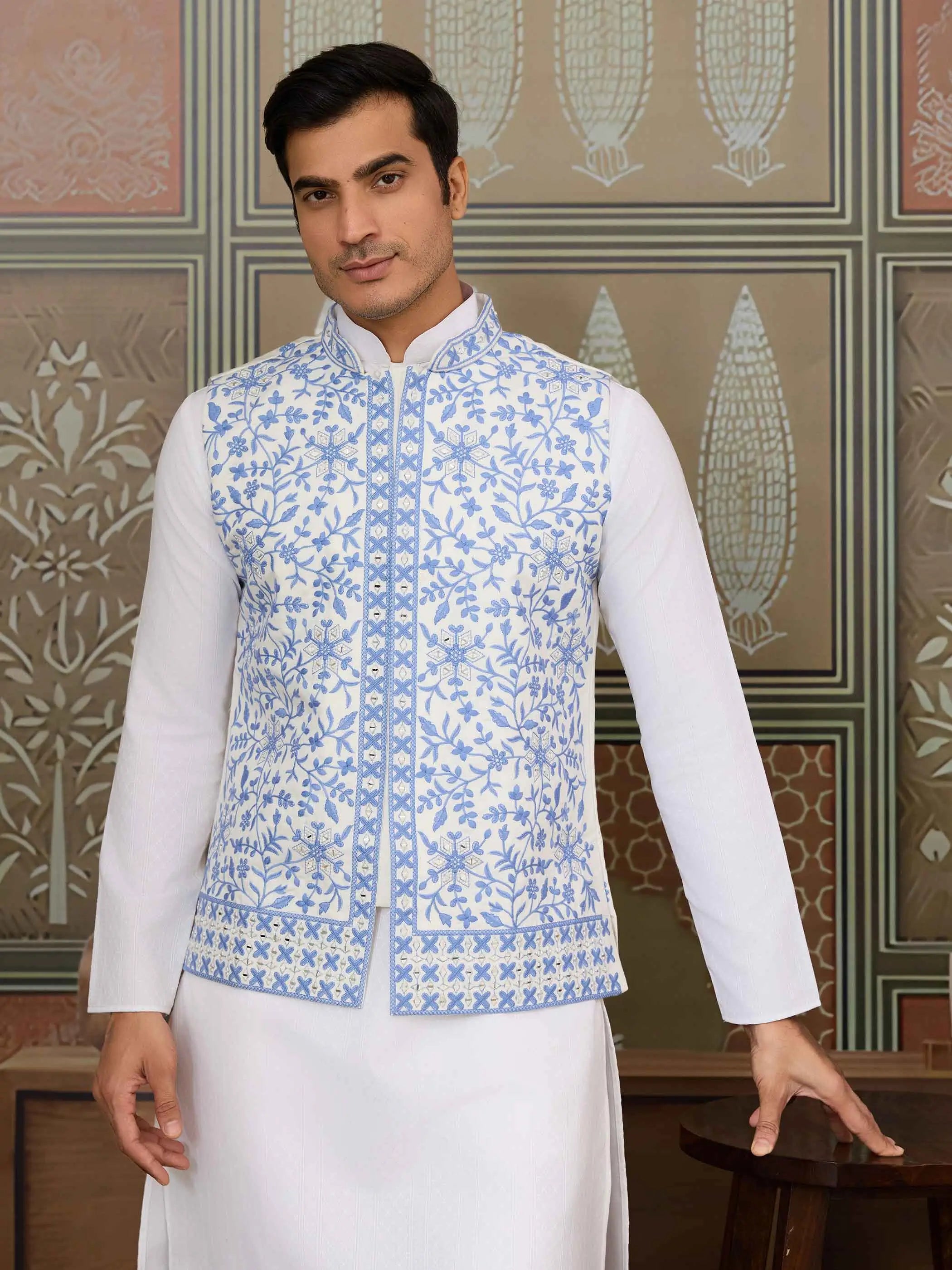 Blue Silk Kurta Set With Embroidery & Mirror Work Koti - qivii