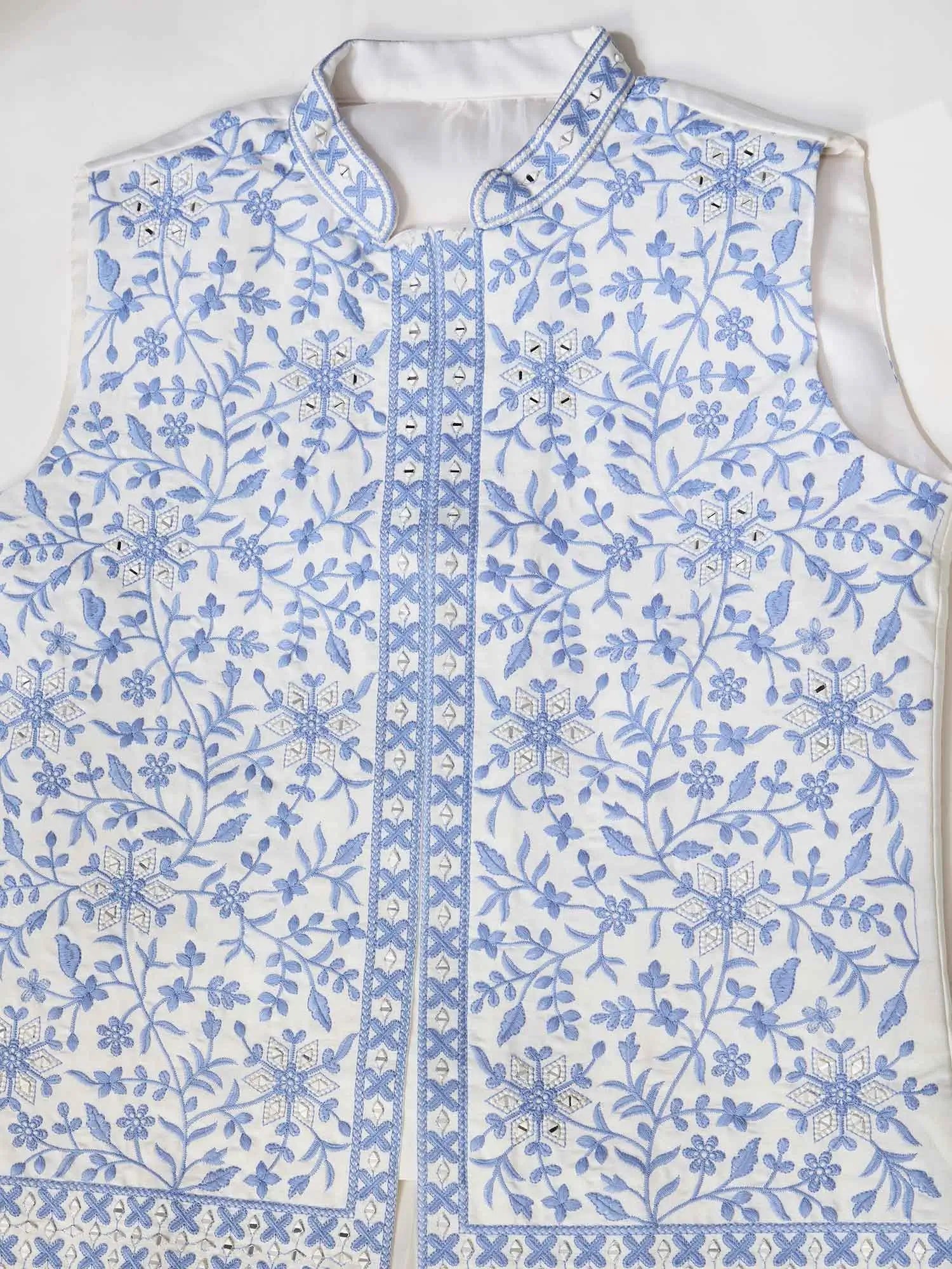 Blue Silk Kurta Set With Embroidery & Mirror Work Koti - qivii