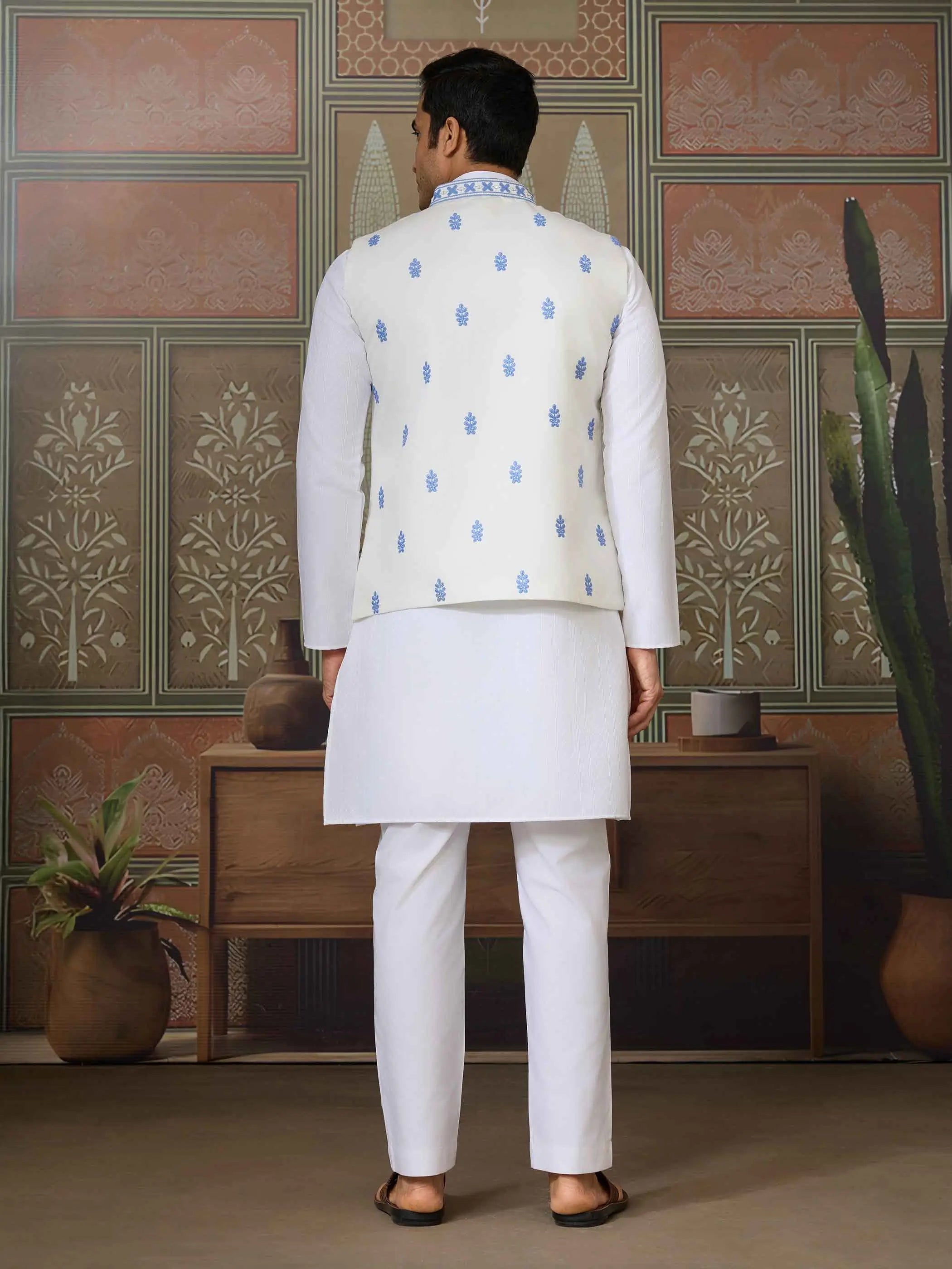 Blue Silk Kurta Set With Embroidery & Mirror Work Koti - qivii