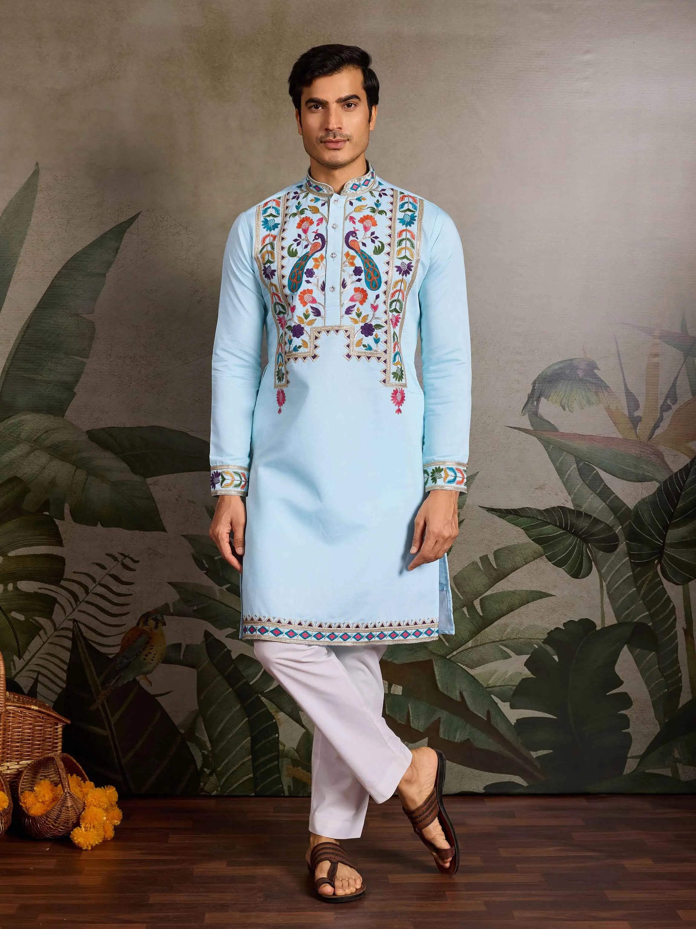 Sky Blue Multi Thread Sequins Embroidery Work Festive Wear Kurta Set - qivii