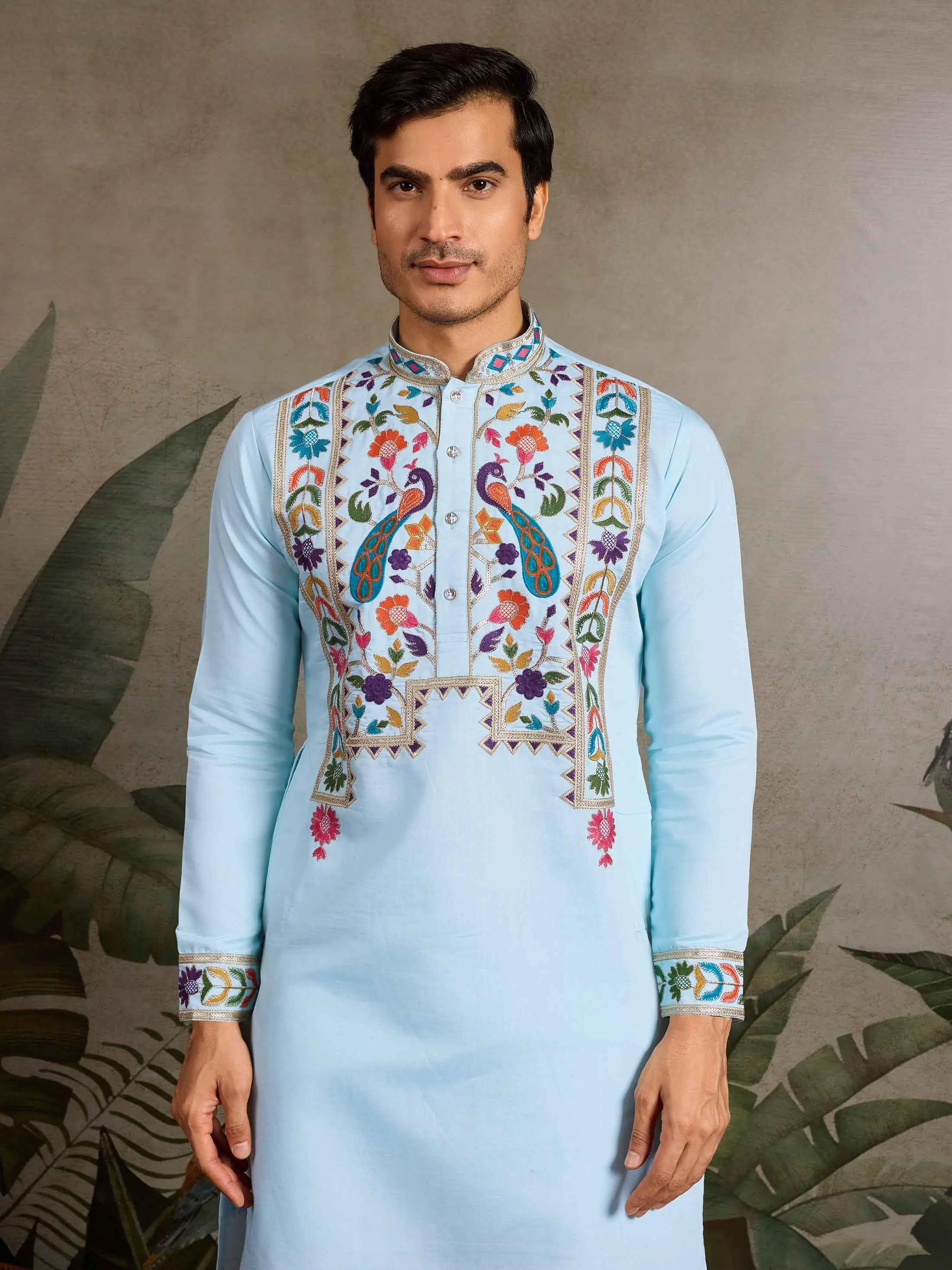 Sky Blue Multi Thread Sequins Embroidery Work Festive Wear Kurta Set - qivii